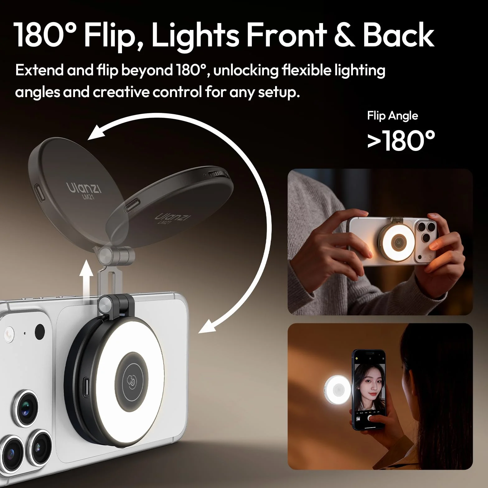 Magnetyczna lampa do selfie ULANZI LM21, lampa do telefonu do wideorozmów/konferencji/fotografii, elastyczna lampa pierścieniowa LED o kącie 180°, kompatybilna z iPhonem/Samsungiem