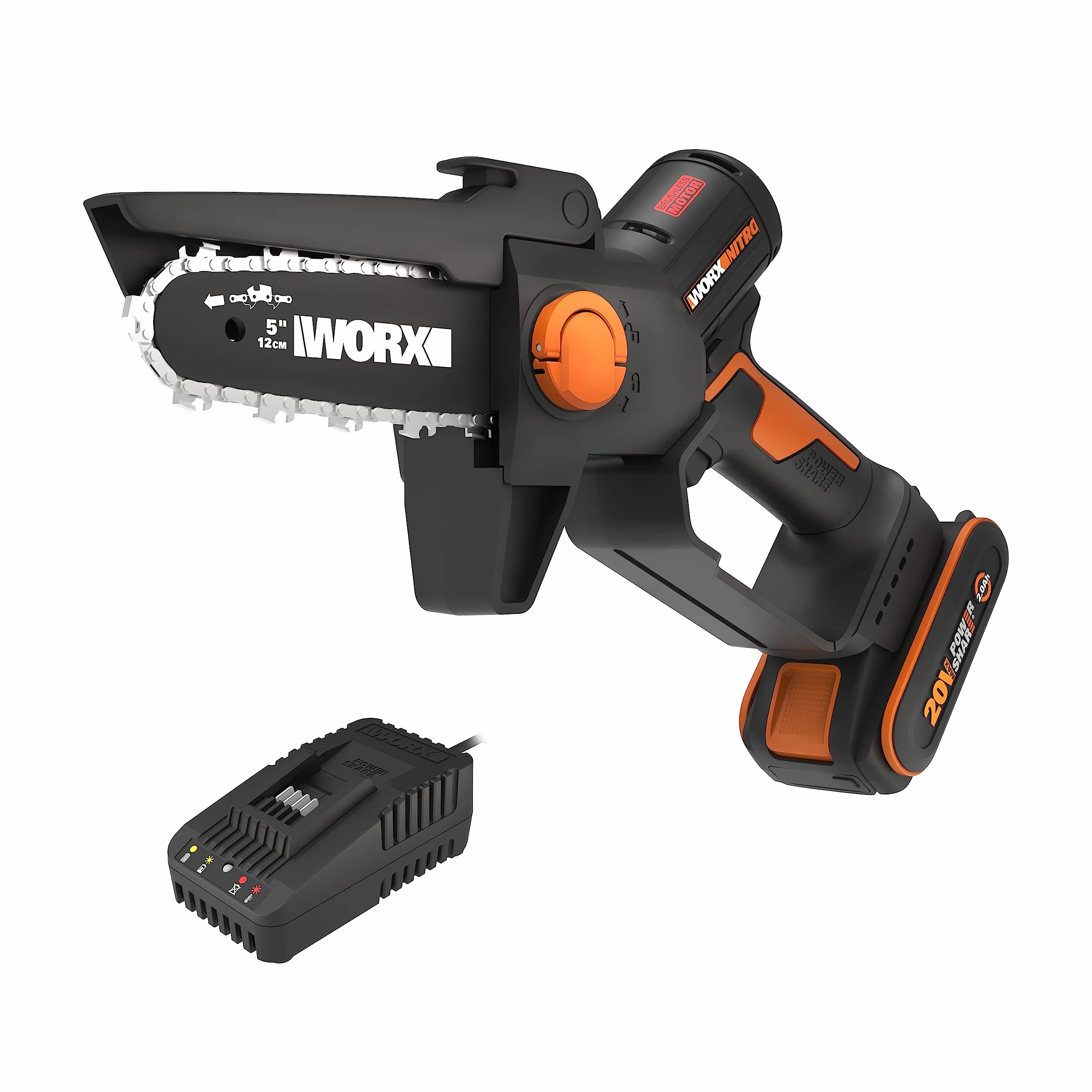 WORX WG325E Nitro profesjonalna mini akumulatorowa piła łańcuchowa 20 V – jednoręczna piła do gałęzi – mocny silnik bezszczotkowy – długość cięcia 12 cm – lekka i kompaktowa – automatyczne smarowanie