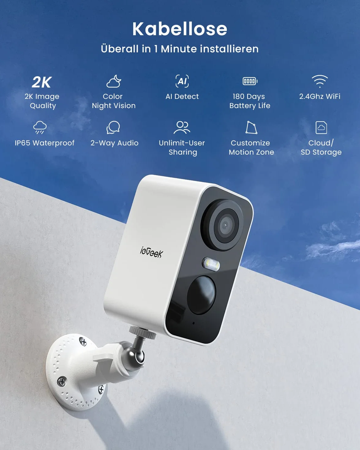 ieGeek Kamera do monitoringu 2K/3 MP, na zewnątrz, bezprzewodowa, z kolorową wizją nocną, wykrywaniem ruchu PIR, chmura/karta pamięci, IP66, dwukierunkowa, dźwięk 2,4 GHz