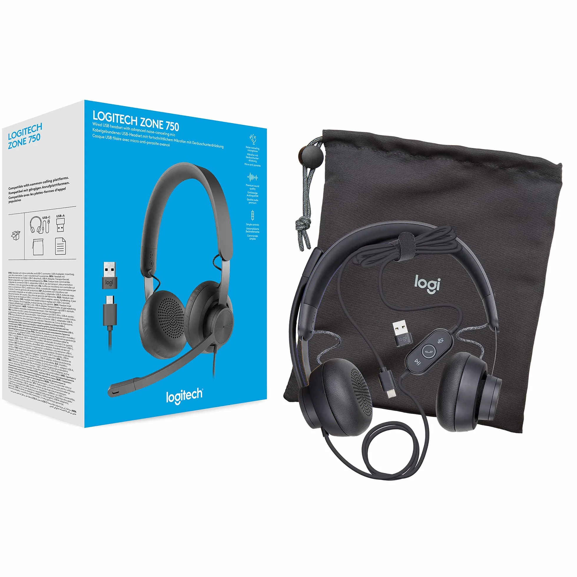 Logitech Zone 750 Przewodowy zestaw słuchawkowy z mikrofonem | Z redukcją hałasu, złączem USB-C i adapterem USB-A, kompatybilność typu plug-and-play dla wszystkich urządzeń - Szary