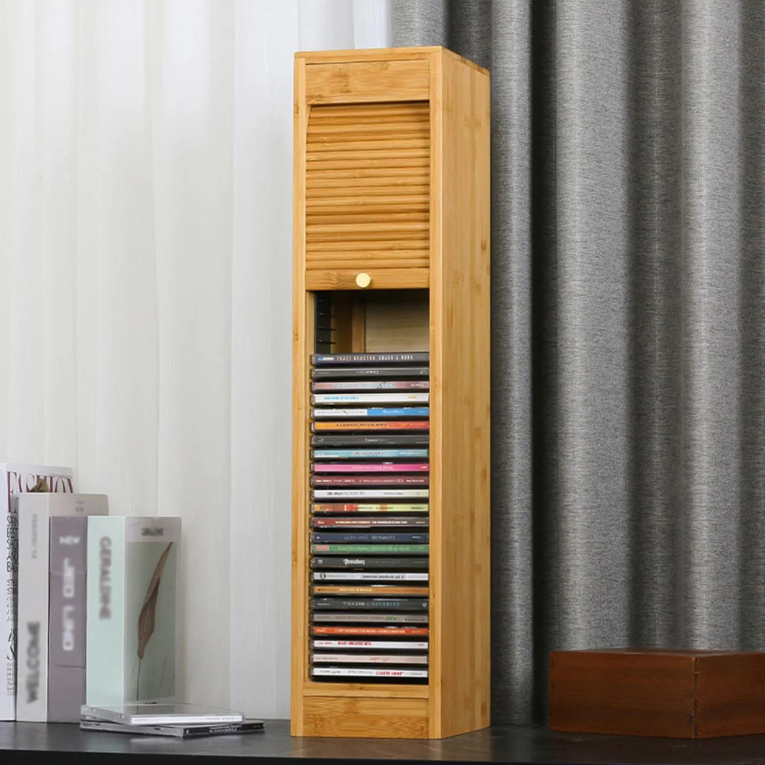 Naturalny bambusowy stojak do przechowywania płyt CD – biurko na 40 etui na płyty CD/DVD, pudełko na płyty winylowe, nie wymaga montażu, stylowy ochraniacz na płyty i półka ekspozycyjna