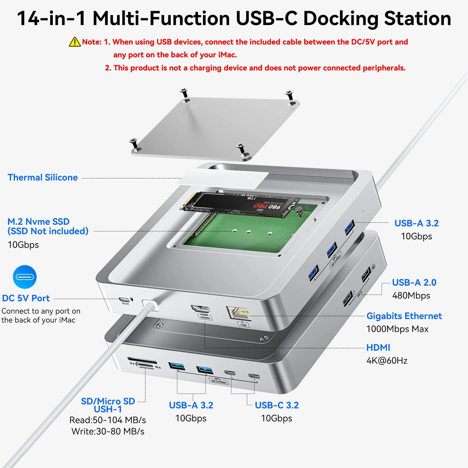 13-portowy hub USB C do iMac 61.0 cm 2021/2023/2024, akcesoria iMac do iMac M1/M3/M4, koncentratora USB iMac z 5 portami USB-A i 2 portami USB-C 3.0, 4K przy 60 Hz HDMI, 1 Gb/s Ethernet, SD/TF, M.2