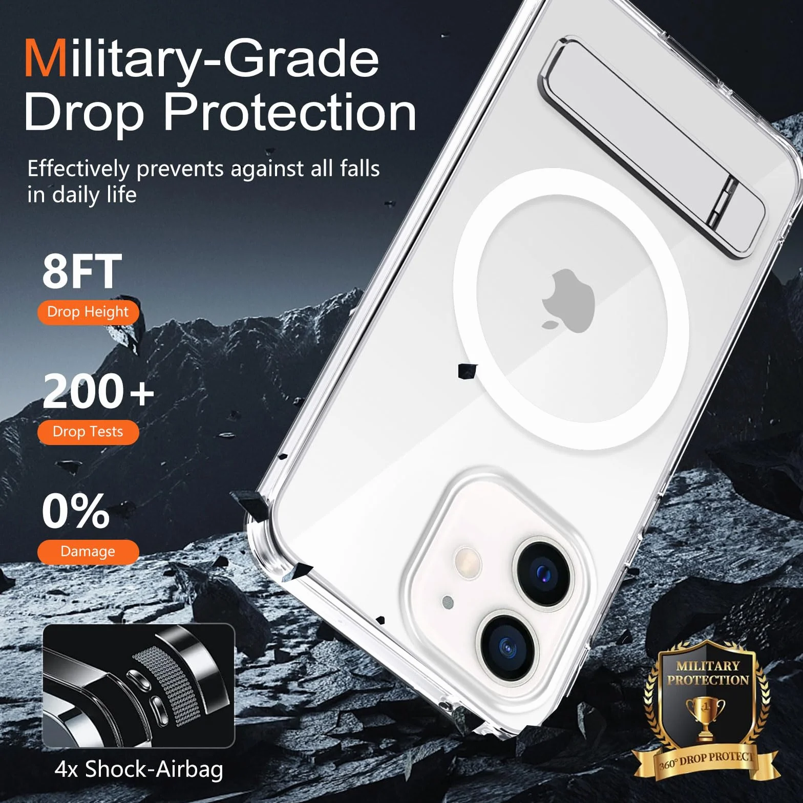XTCASE Etui do iPhone 12/12 Pro, magnetyczne, kompatybilne z Magsafe, przezroczyste, z metalowym stojakiem, odporne na uderzenia, odporne na zarysowania, przezroczyste