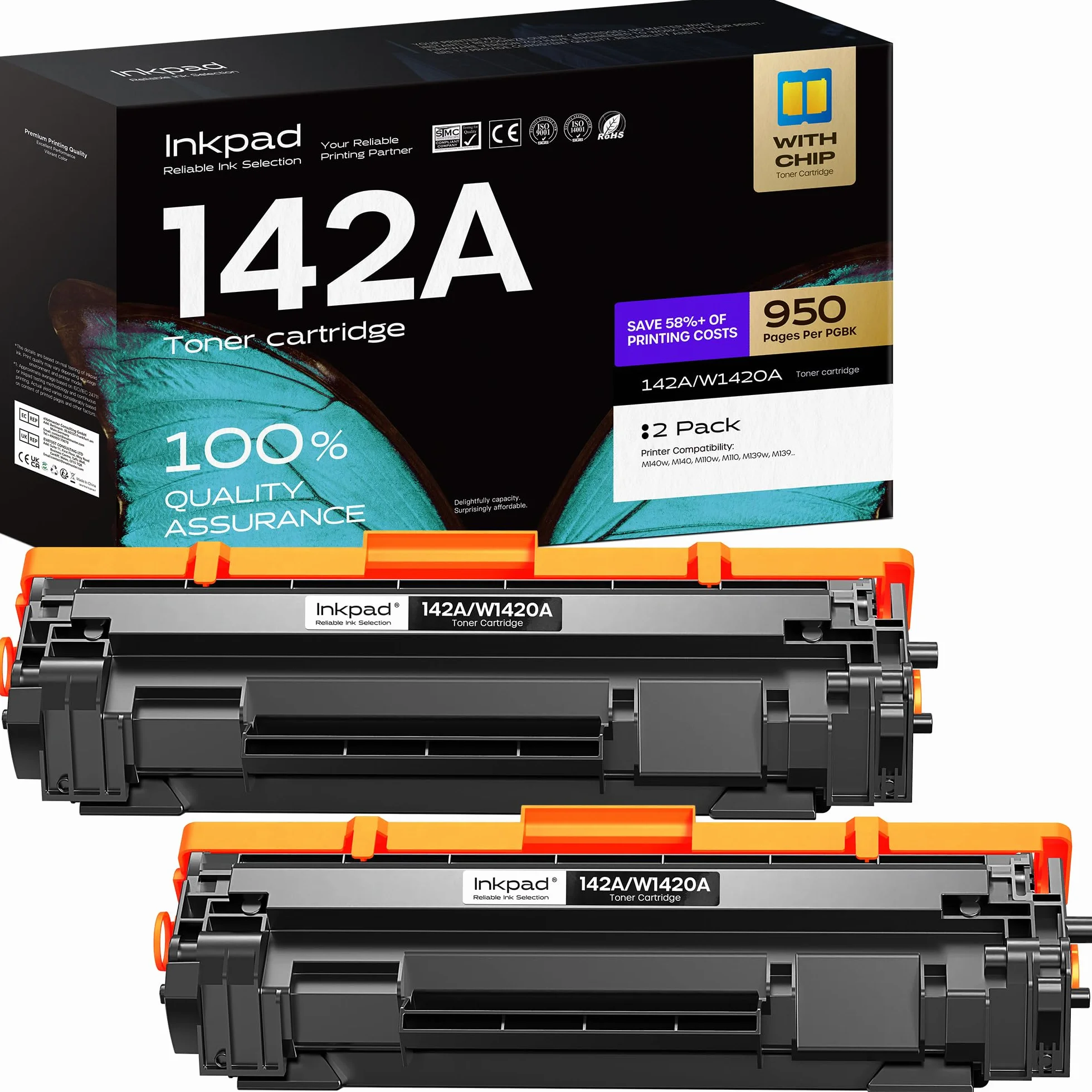 iNKPAD Toner 142A kompatybilny z HP 142A 142X, do HP LaserJet MFP M140w Toner M110w M110 MFP M140 MFP M139w M139 W1420A W1420X (z chipem, 2 czarne)