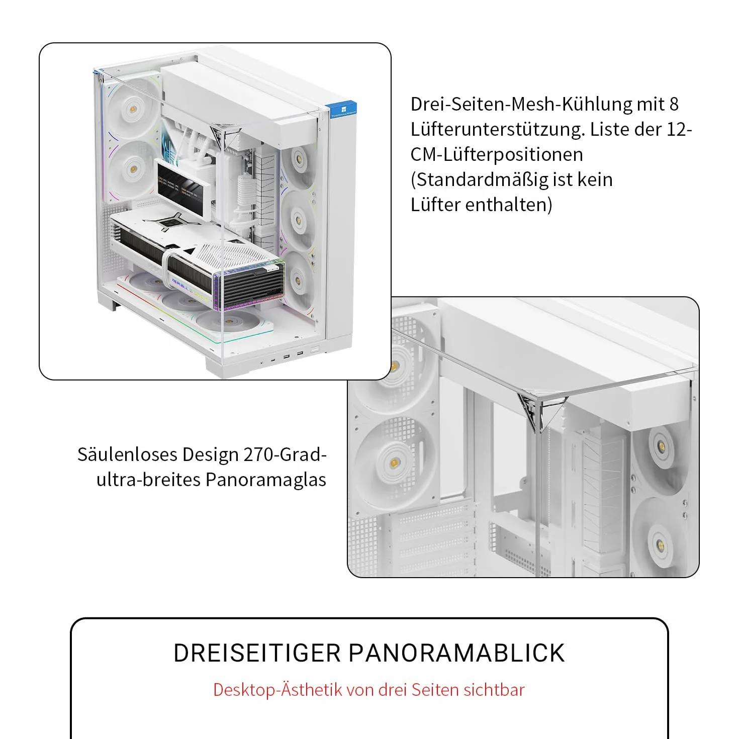 TR-Thermalright A70 biała panoramiczna obudowa przeszklona ukryte zarządzanie kablami + montaż bez użycia narzędzi, obsługuje płyty główne ATX, M-ATX oraz karty graficzne do 420 mm, zaprojektowana do