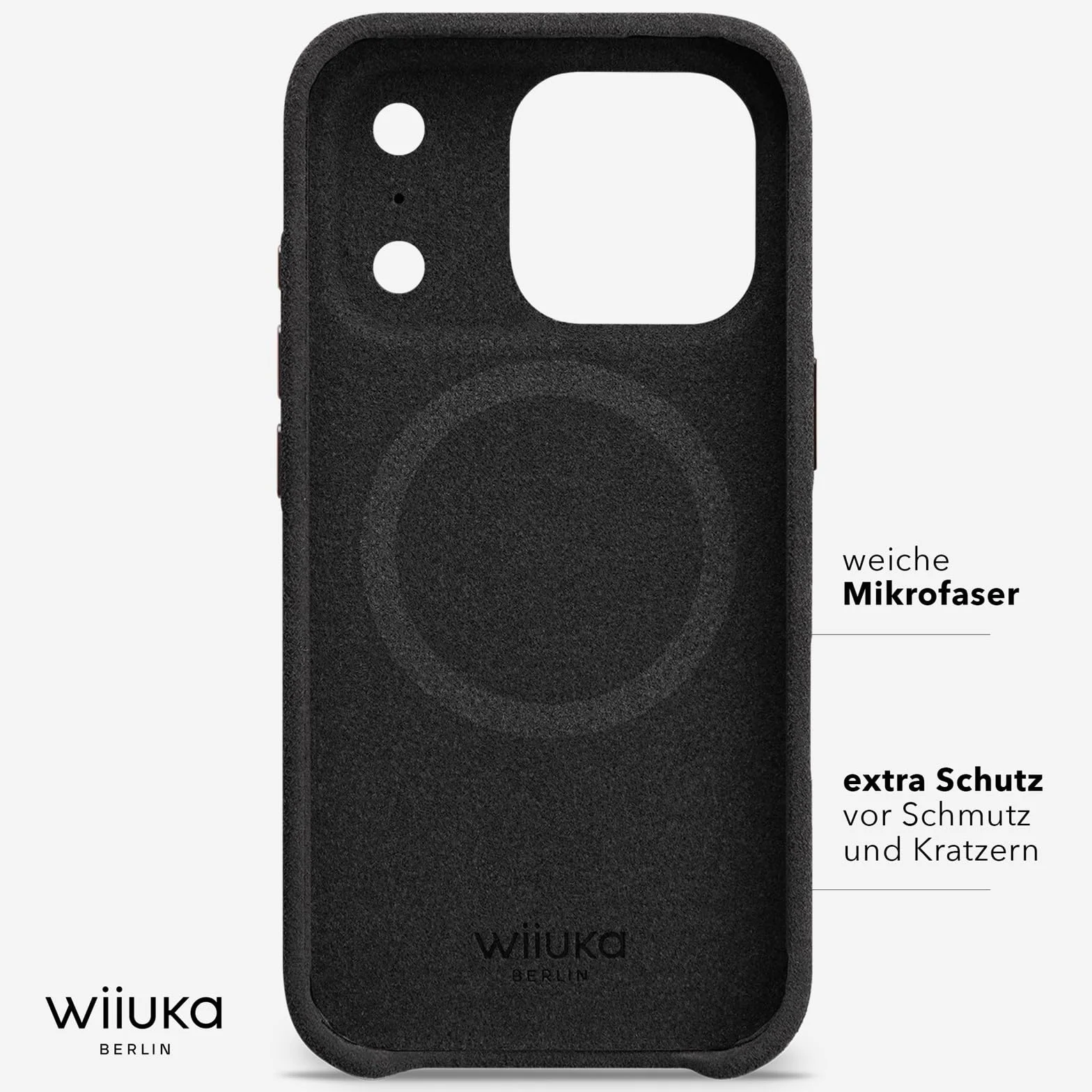 WIIUKA Etui do iPhone 17 Pro Max, oryginalne Alcantara®, ręcznie wykonane, bardzo cienkie, etui premium na telefon komórkowy, Case, Qi, alternatywa dla skóry, kolor czarny