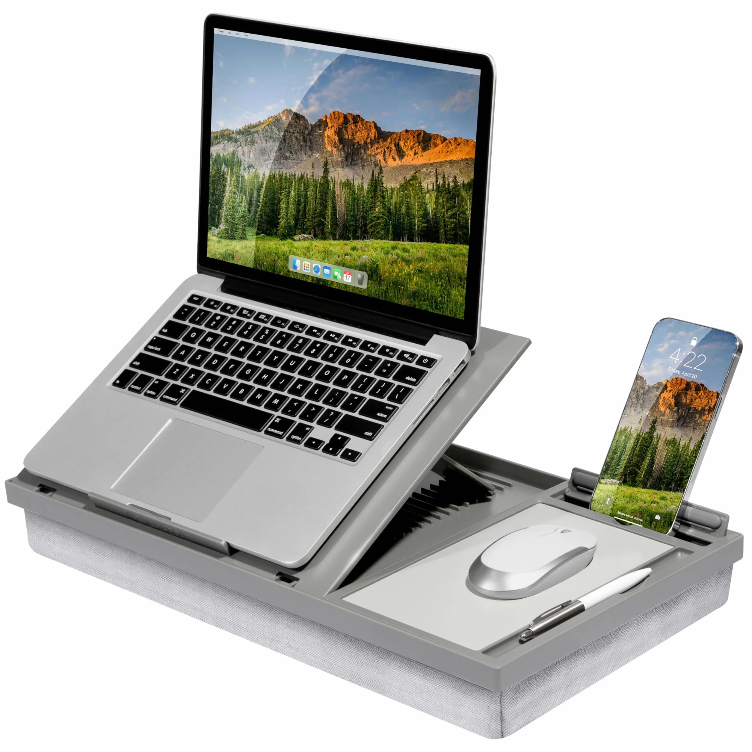 LAPGEAR Ergo Pro biurko na kolana z 20 regulowanymi kątami, podkładka pod mysz i uchwyt na telefon, szare, pasuje do laptopów o przekątnej ekranu do 15,6 cala i większości tabletów - styl nr 49405
