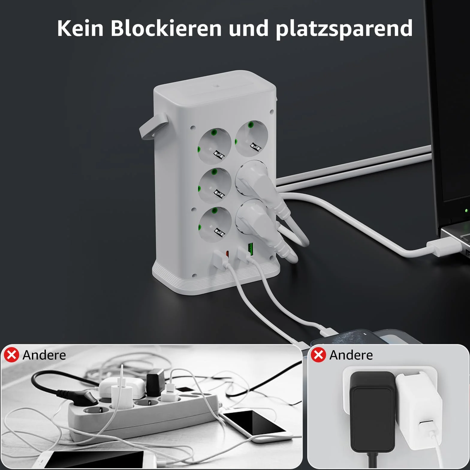 Listwa zasilająca z 12 gniazdami z 4 portami USB i światłem, listwa zasilająca 16 w 1, listwa zasilająca z przełącznikiem, ochrona przed przepięciem, przedłużacz 2 m, do domu, biura