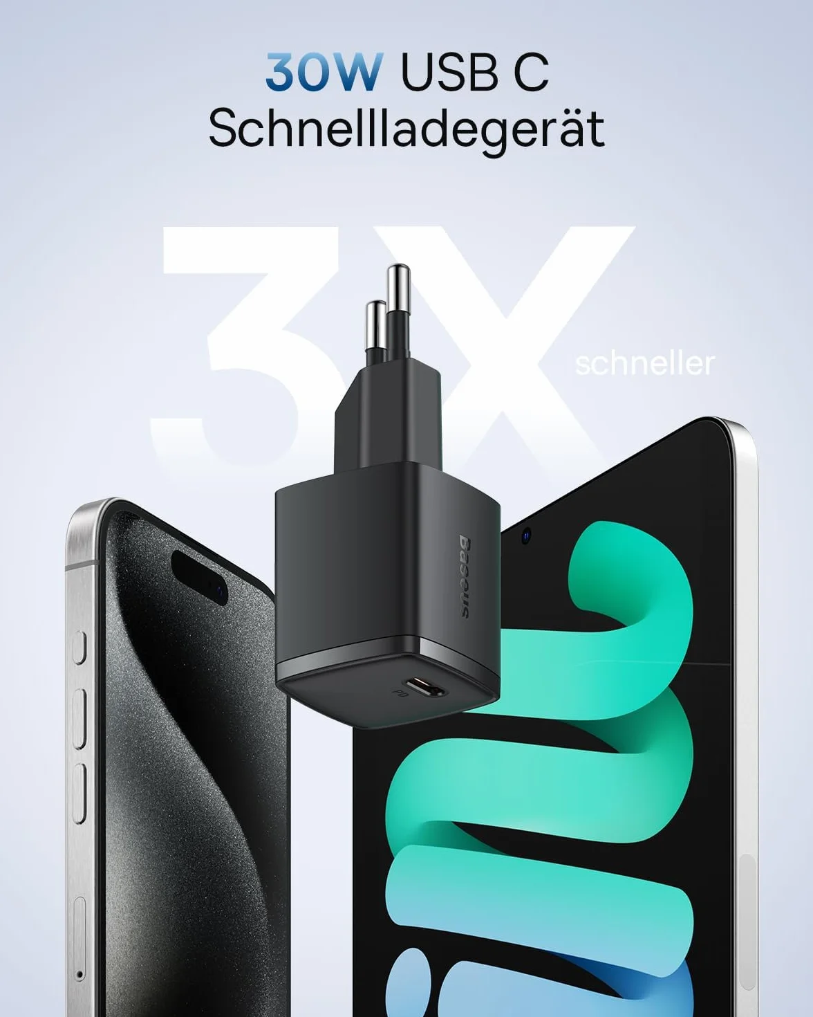 Baseus Ładowarka USB C 30 W, szybka ładowarka zasilacz sieciowy iPhone 17 16 15 14 13 12 11 Pro Max, Galaxy 25 24, ładowarka do telefonu komórkowego, wtyczka USBC, adapter do szybkiego ładowania