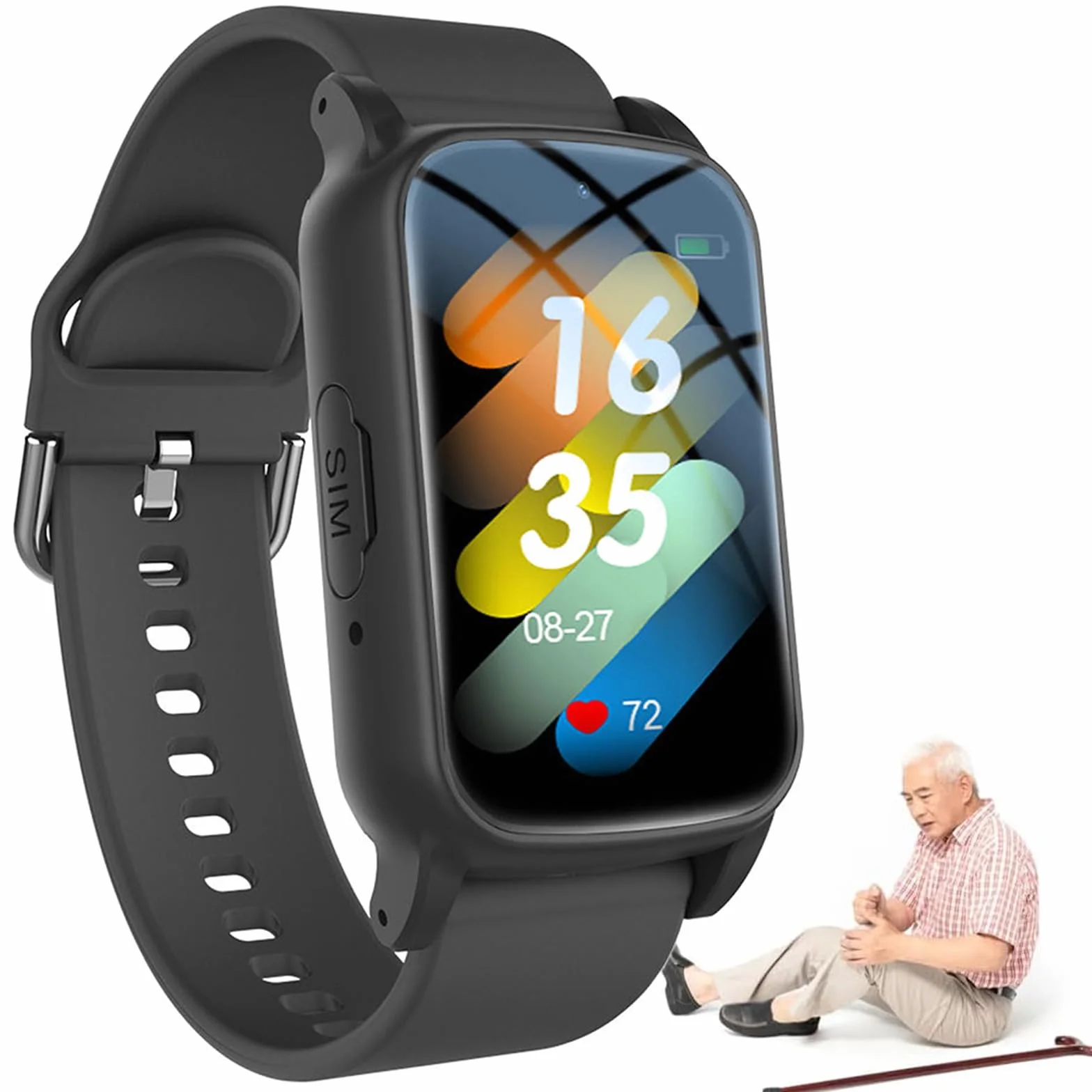 Inteligentny zegarek GPS dla osób starszych, inteligentny zegarek z wykrywaniem upadków dla seniorów, wykrywanie upadków, alarm osobisty z przyciskiem pomocy w nagłych wypadkach,Black
