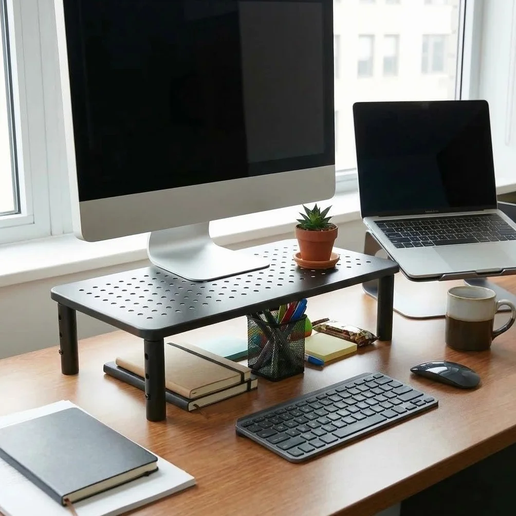 Ergonomiczny monitor z regulacją wysokości, platforma siatkowa, uchwyt na ekran, nośność 20 kg