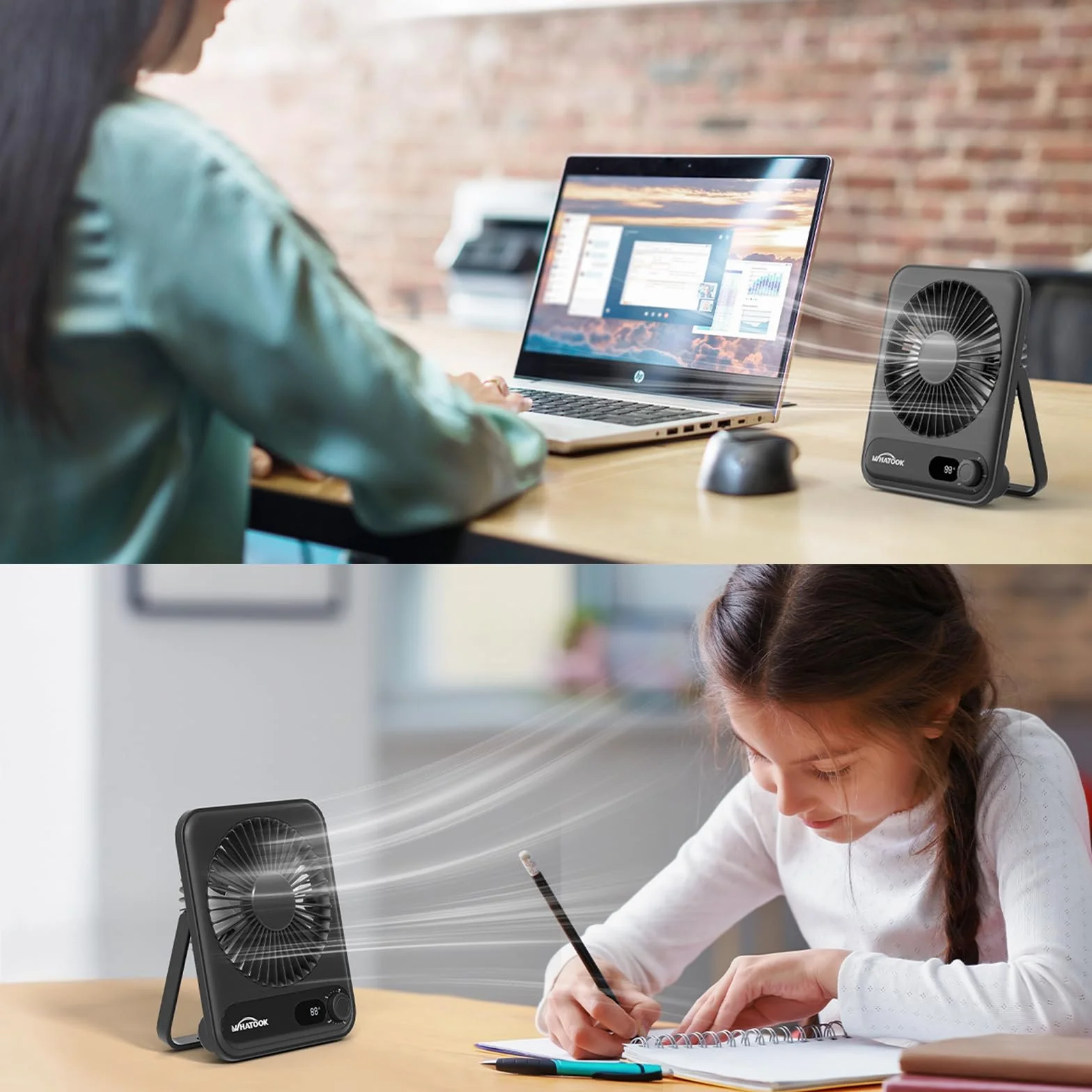 WHATOOK wentylator biurkowy mini przenośny: ciche prędkości 1-100, bateria 5000mAh 24h z szybkim ładowaniem USB-C i wyświetlaczem LED, energooszczędne wentylatory bezpieczne dla dzieci do biura domowe