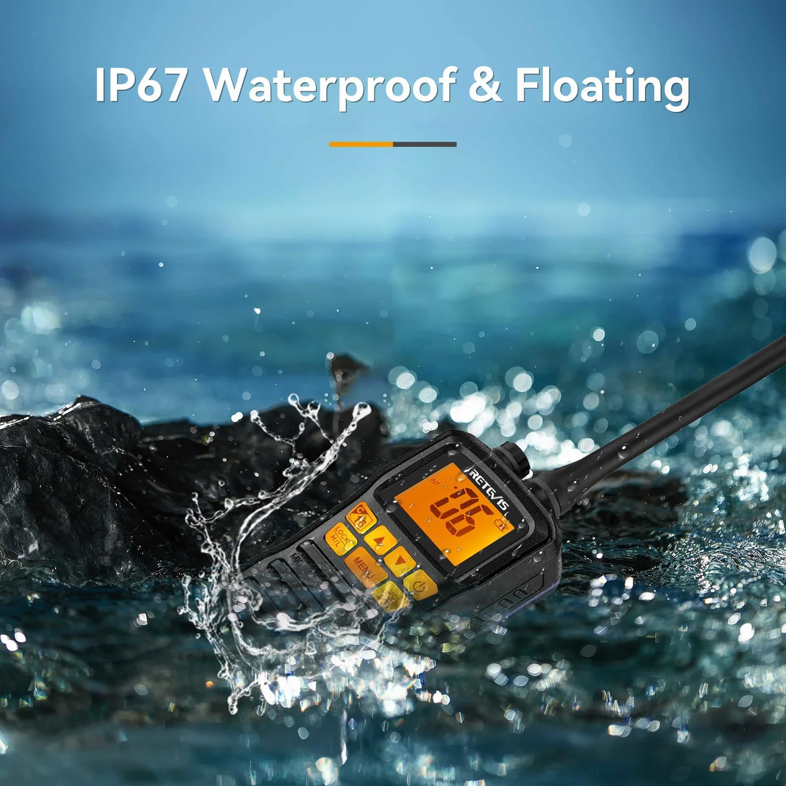 Retevis RM01 VHF Marine Radio, Wodoodporne Walkie-Talkie IP67, Wibracje, Pływający, Akumulator, Przenośne Radio ze Słuchawką do Kajakarstwa, Wędkarstwa, Pływania (Czarny, 1 Szt)