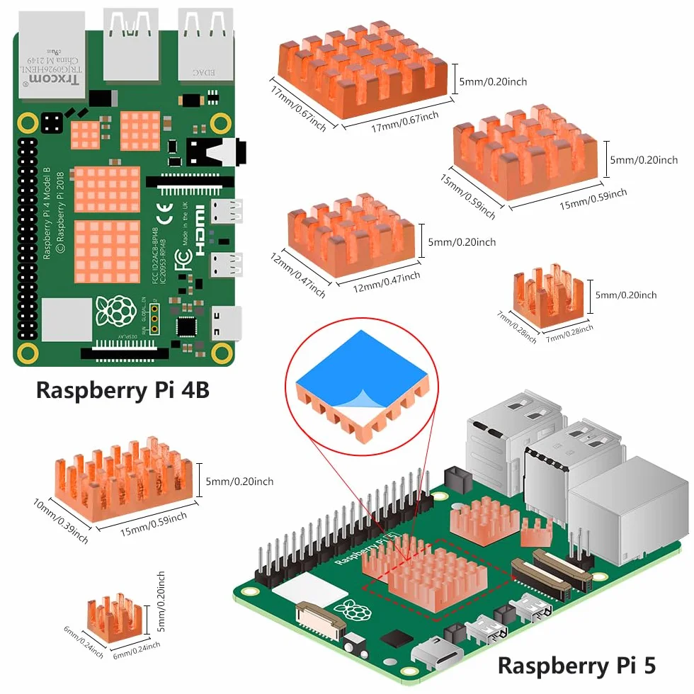 GeeekPi Radiatory z czystej miedzi do Raspberry Pi 5/4B, chłodzenie procesora z przewodzącą termiczną taśmą klejącą, 18 sztuk