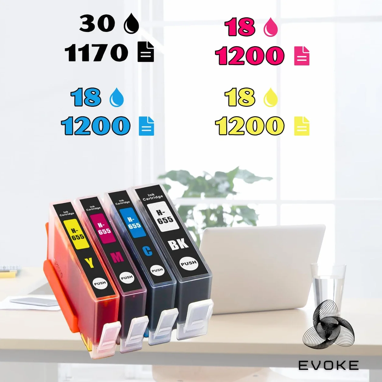 EVOKE 655 XL Zestaw tuszy kompatybilny z HP Deskjet 3525 4615 4625 5500 5520 5525 6520 6525 (Zestaw CMYK) 4770 Stron 84 ml
