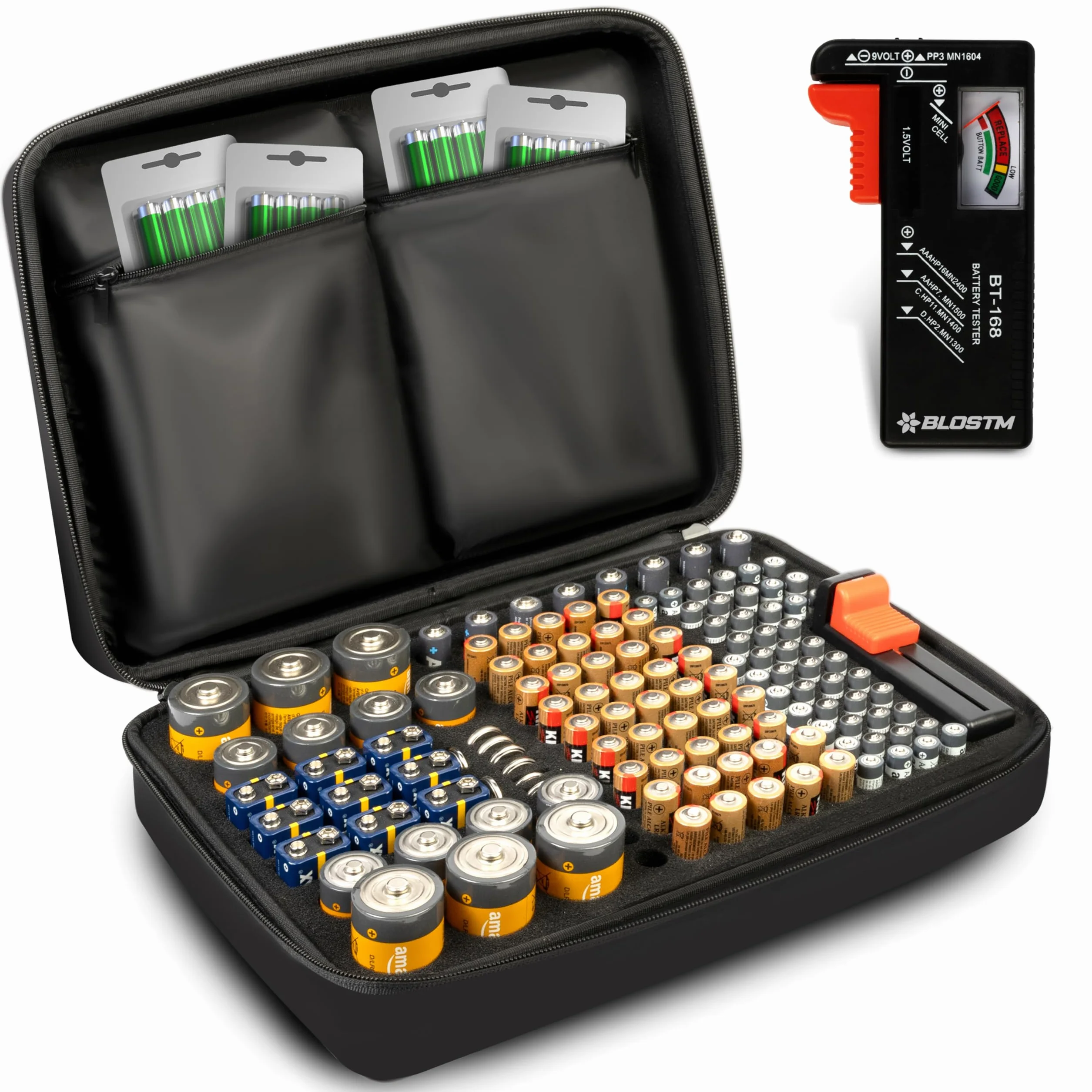 BLOSTM Organizer na baterie z testerem BT-168, pojemnik na 140 baterii AAA, AA, 9V, C, D, ogniw guzikowych