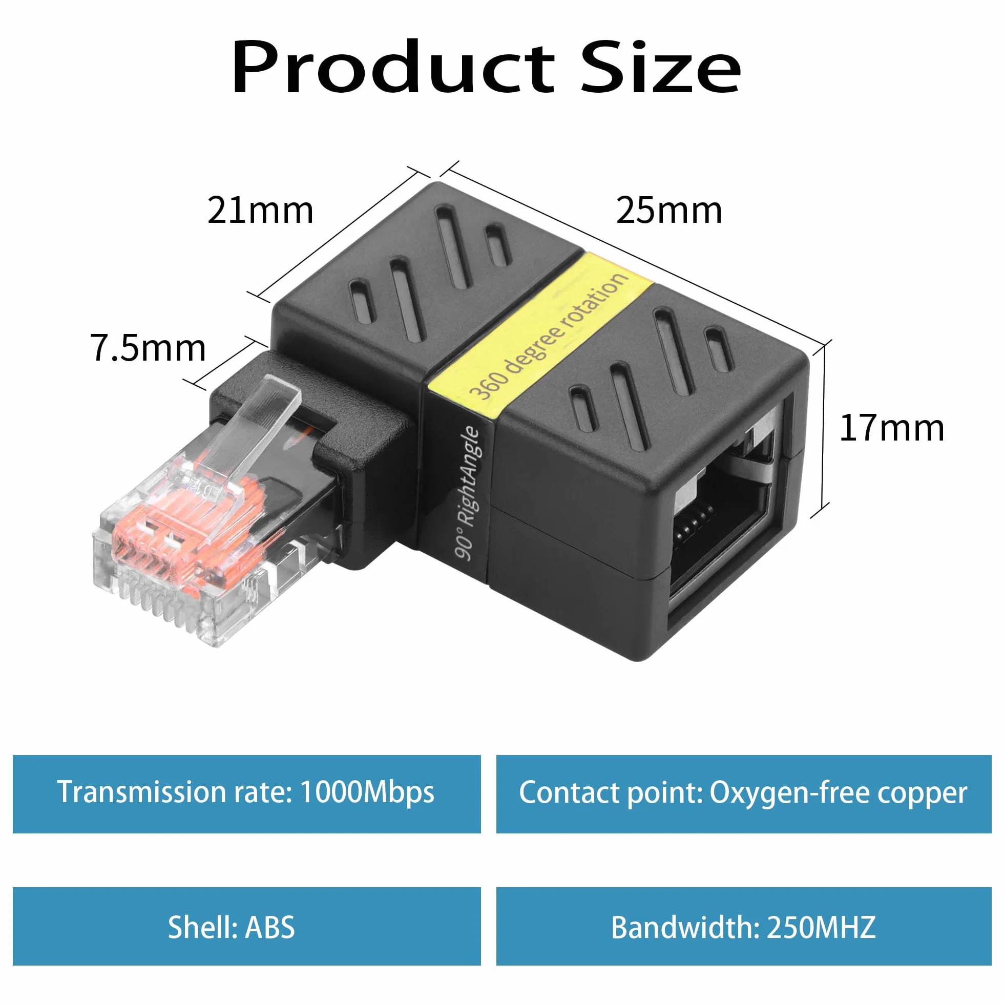 YACSEJAO 2 szt. adapter Ethernet obracany o 360°, 90 stopni kątowy adapter przedłużający Cat5/Cat6, gigabitowe złącze męskie na żeńskie RJ45