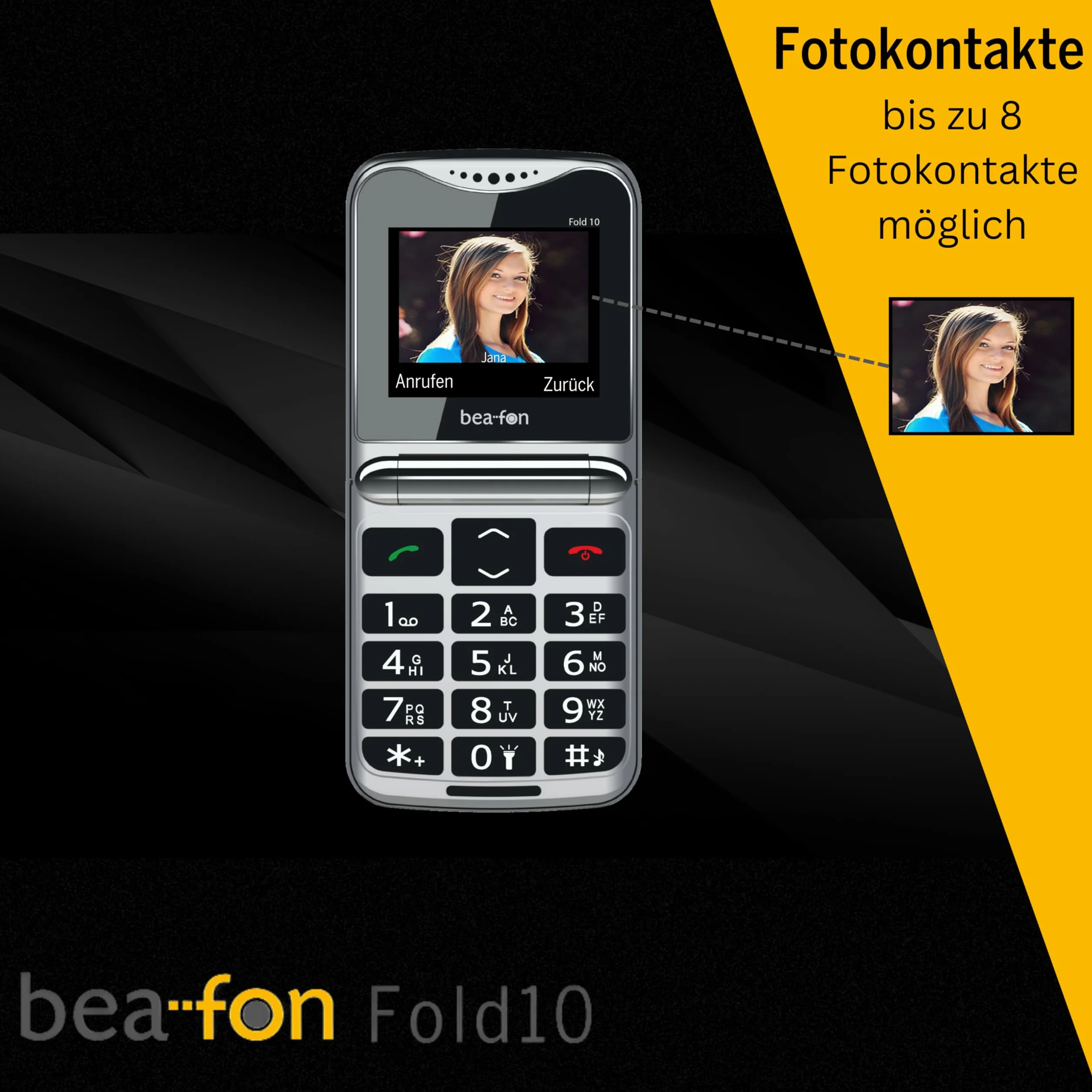 Beafon, Silverline, Fold10, składany telefon, przycisk połączenia alarmowego SOS, kolorowy wyświetlacz XL 5,58 cm, kolorowy wyświetlacz zewnętrzny XL 1,44" (3,65 cm), wyświetlacz fotokonaty, aparat,