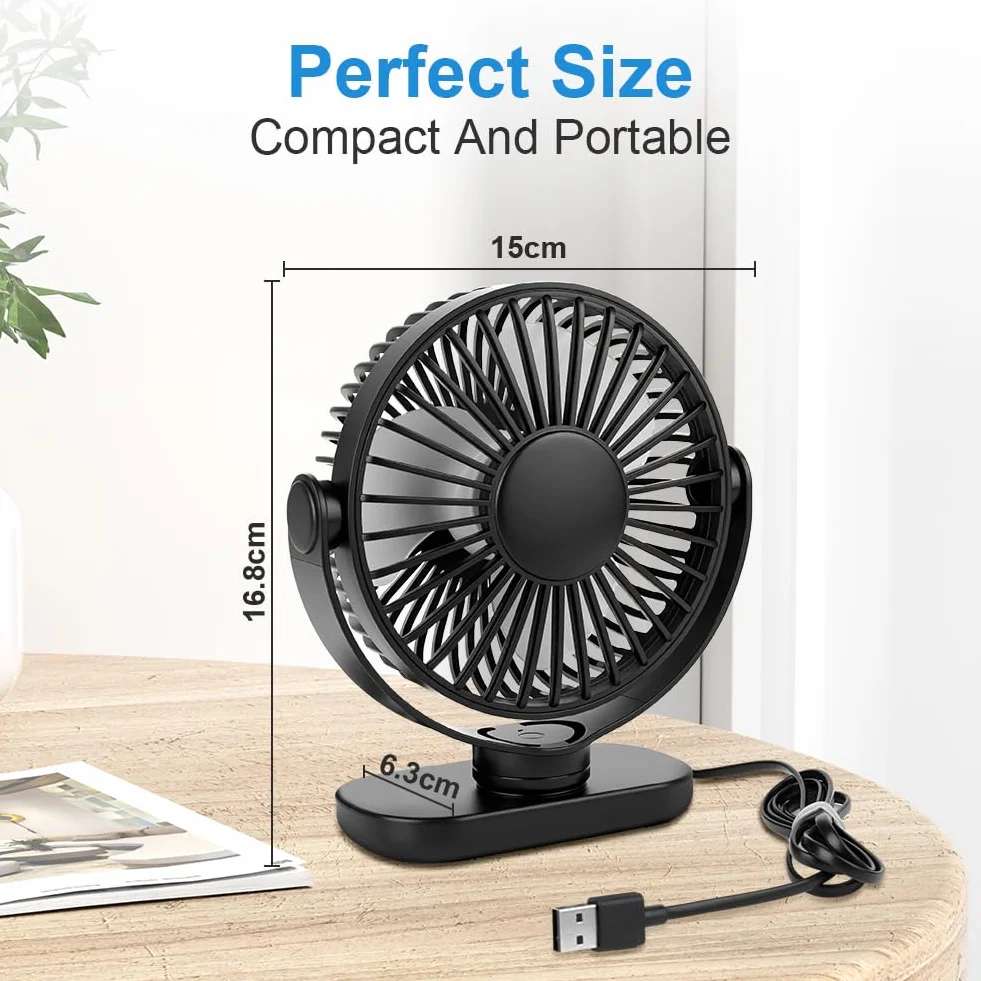 AXFEE Wentylator biurkowy USB, mały chłodzący wentylator stołowy, przenośny, cichy, 3-stopniowy wentylator, obracany o 360°, mocny mini wentylator do biura, sypialni, domu, samochodu (czarny, zasilany