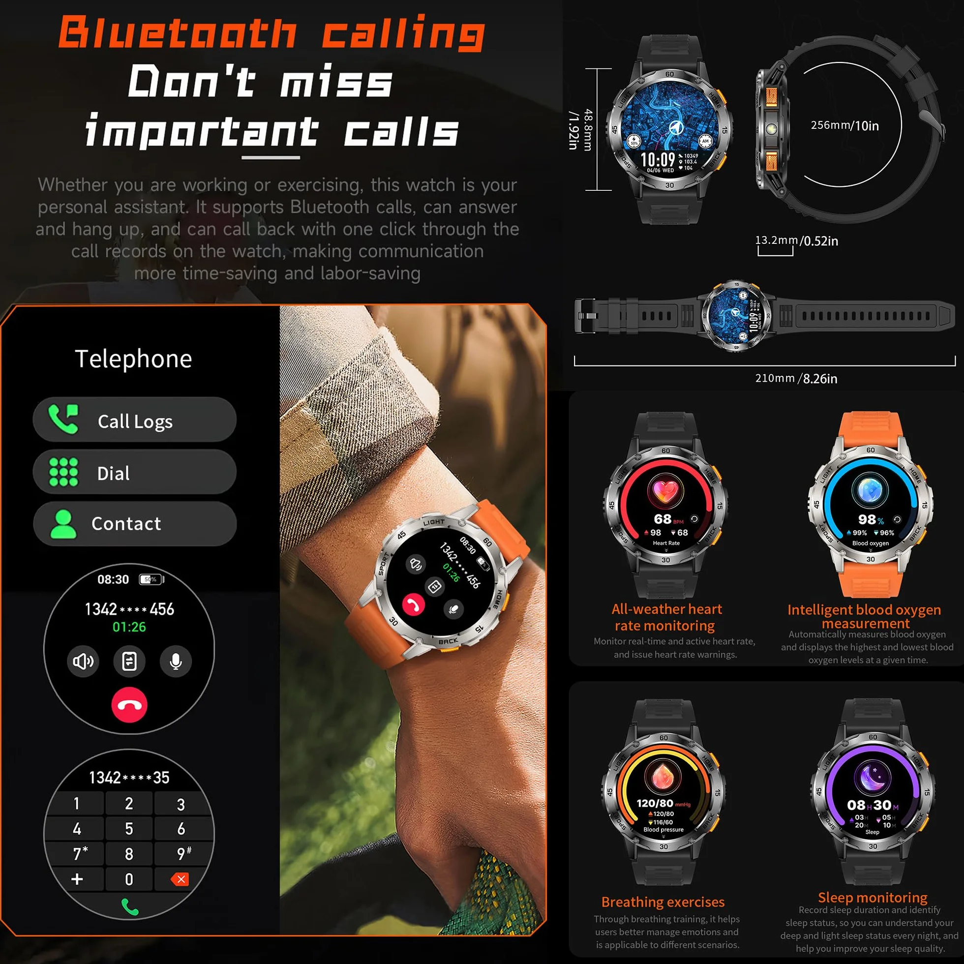 Wojskowy inteligentny zegarek (odbieranie/nawiązywanie połączeń) dla mężczyzn, smartwatch 1,53" do Androida i iPhone'a, monitor fitness IP68 z latarką/kompasem/pomiarem tętna/snem/100+ trybami