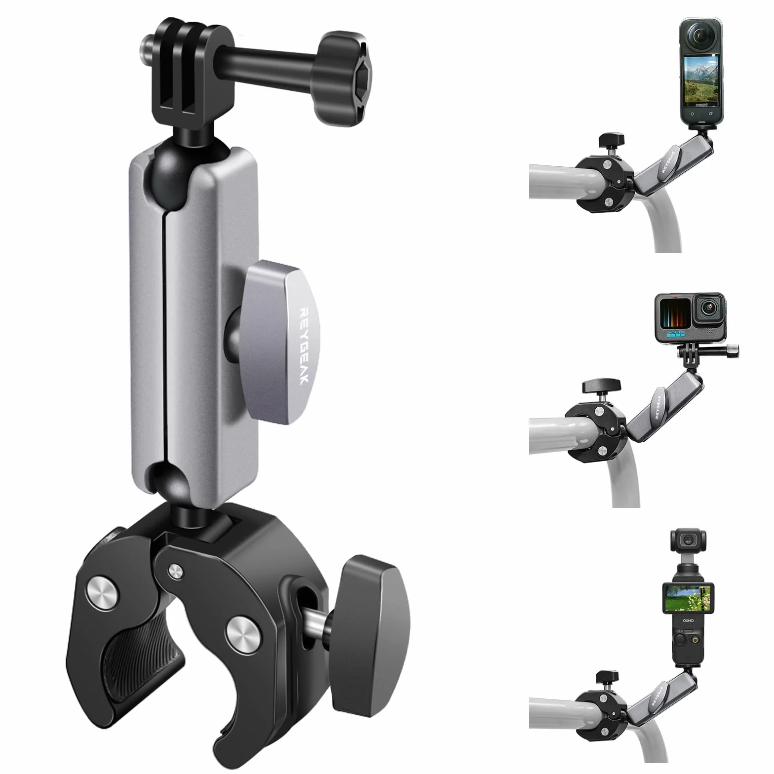 REYGEAK Mocowanie kamery z podwójną głowicą kulową 360° ze śrubami 1/4, uchwyt na kierownicę rowerową z podwójnym pazurem do Gopro Max Hero 13/12/11/10/9