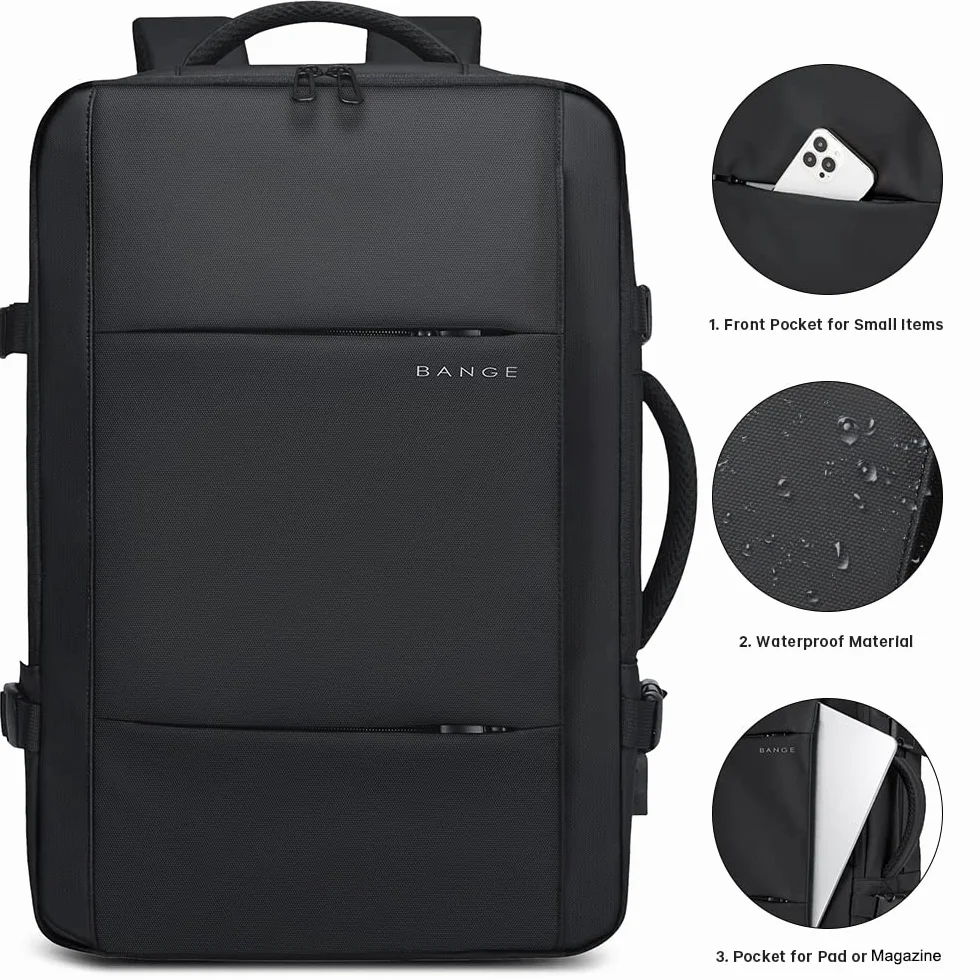BANGE Plecak podróżny, bagaż podręczny, wytrzymały plecak Convertible Duffle Bag Fit na laptopa o przekątnej ekranu 17,3", dla mężczyzn i kobiet, Czarny (bez rozszerzenia), L, Biznes