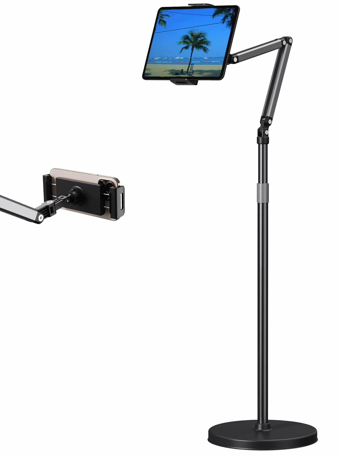 Stojak na tablet iPad podłogowy stojak na telefon do łóżka, spotkania, vlogowania, kompatybilny z Kindle, Galaxy Tab, regulowana wysokość, uchwyt na tablet z bardzo długim ramieniem, obracany