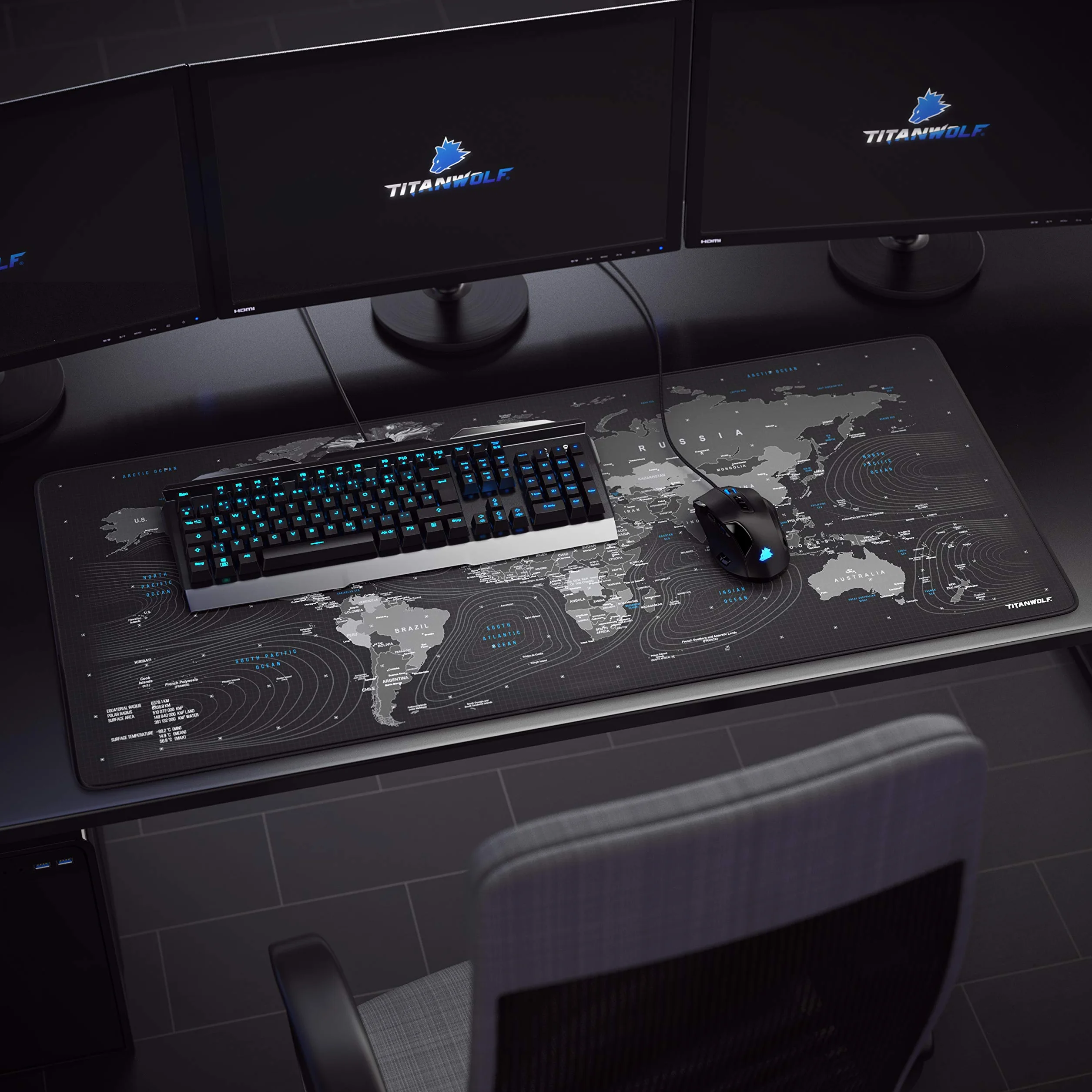 TITANWOLF XXL Speed Gamingowa podkładka pod mysz – 900 x 400 mm – podkładka pod mysz XXL, duży rozmiar, poprawia precyzję i prędkość – antypoślizgowa, designerska mapa świata z głową wilka