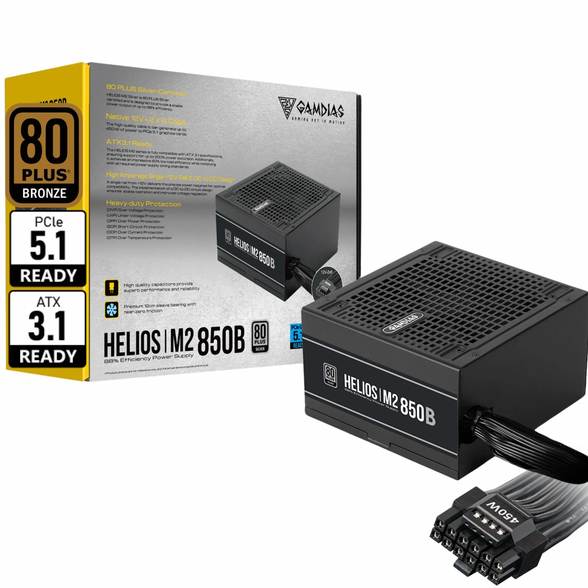 GAMDIAS ATX 3.1 & PCIe 5.1 850 W PSU Bronze, zasilacz gamingowy 850 W, ATX Gold 80+ Bronze 12 V zasilacz do komputera i aktywnego PFC