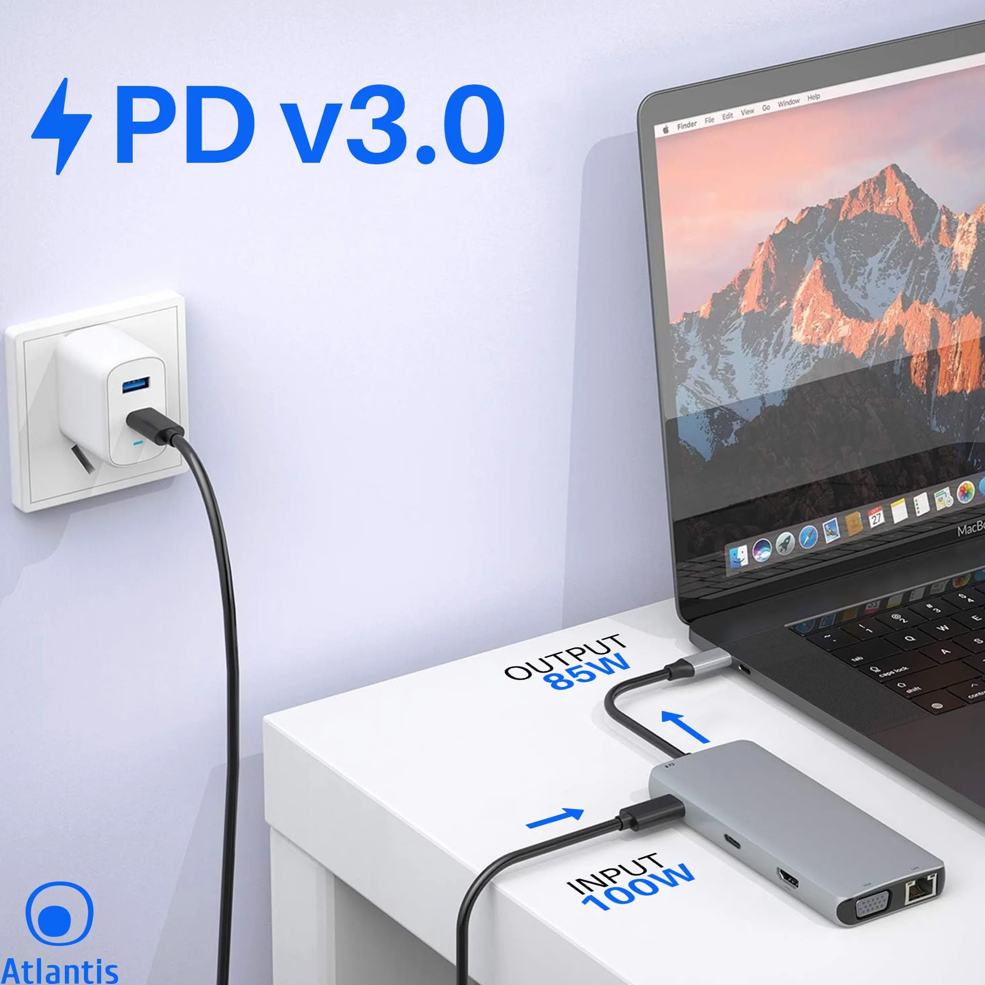 ATLANTIS A04-TC_DK46 Docking Station USB C (Type C) do HDMI 4K, VGA, Ethernet RJ45 Gigabit, 3 USB 3.0, 1 USB C, 1 PD-85W, 1 Audio IN/OUT 3.5mm, czytnik kart. Kabel 18 cm. Kompatybilny ze wszystkimi
