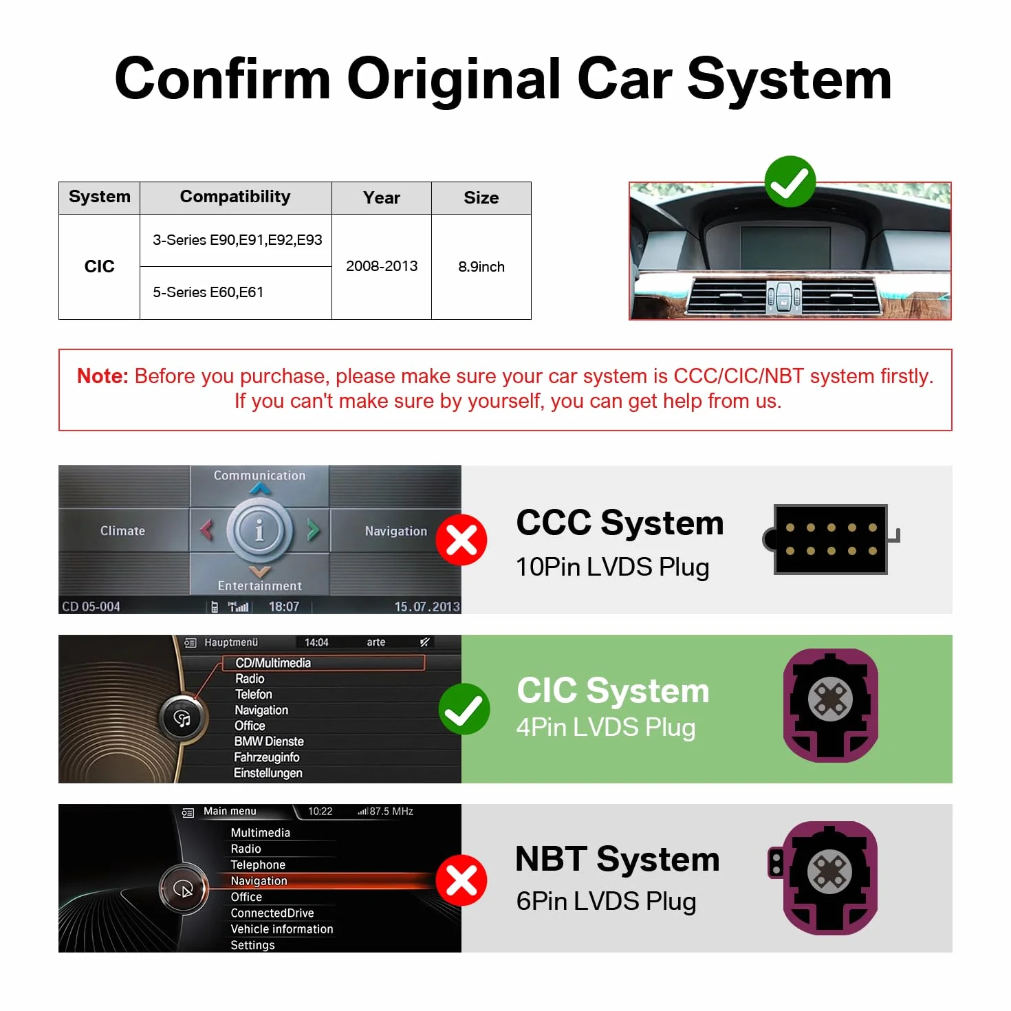 Linux Wireless CarPlay Android Auto do BMW serii 3 5 CIC System | E60 E61 E90 E91 E92 E93 2008-2013, wyświetlacz 8,8 cala, z Bluetooth, MirrorLink, kompatybilność OEM, montaż Plug & Play