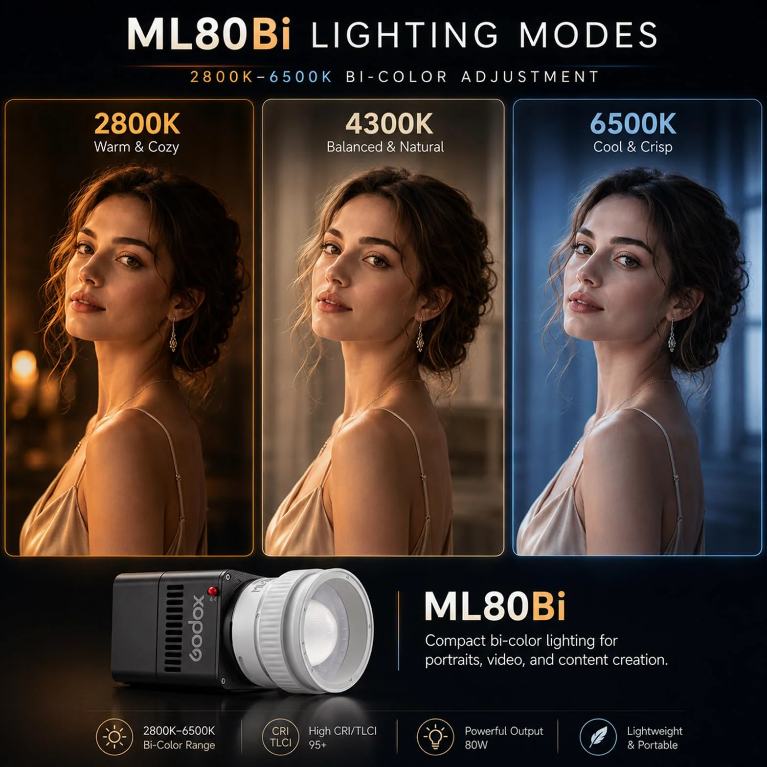 Godox ML80Bi Bi-kolorowa lampa wideo LED 2800–6500 K, 29 600 lx, kompaktowa modułowa lampa z obiektywem zmiennoogniskowym, sterowanie za pomocą aplikacji i sieci bezprzewodowej, CRI 96 TLCI 96