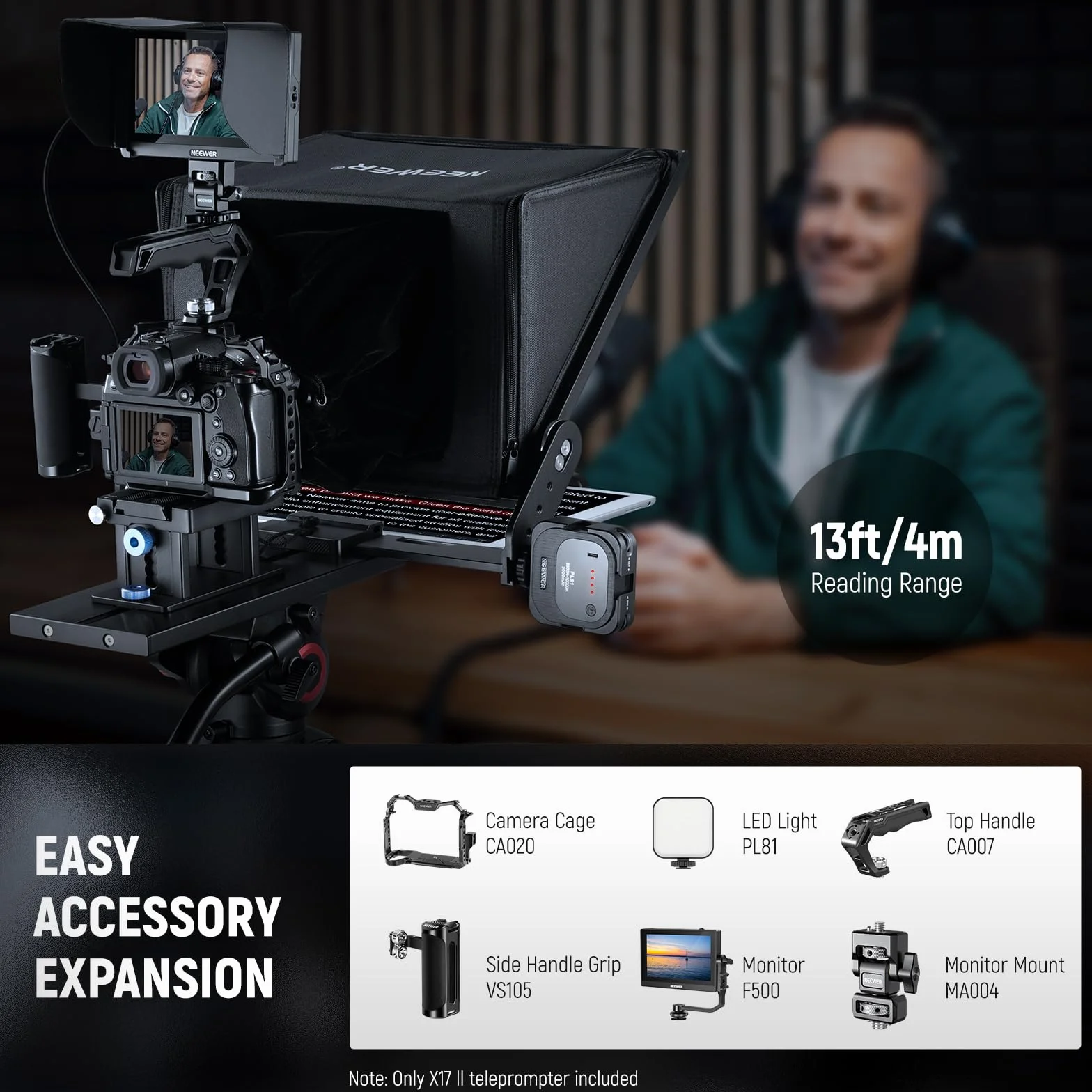 NEEWER Teleprompter X17 II z pilotem RT113 / sterowaniem aplikacją, rozdzielacz wiązki HD 43.2 cm, całkowicie metalowa rama, ulepszony uchwyt, płyta QR, kompatybilna z iPadem 501PL, maksymalne