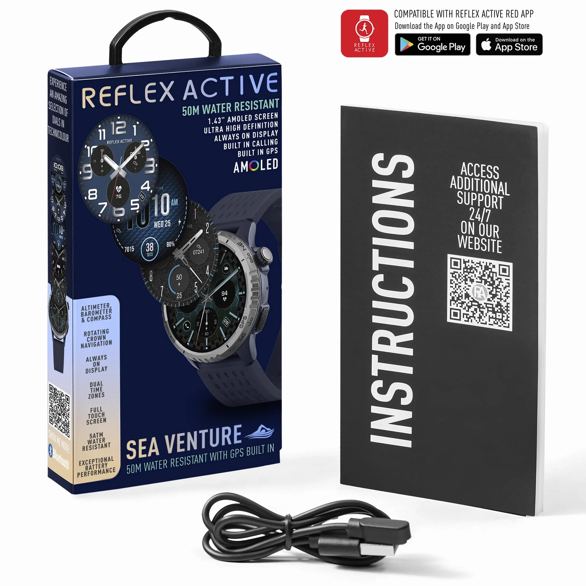 Reflex Active Sea Venture 50 m bezpieczny dla pływania AMOLED GPS niebieski pasek smartwatch
