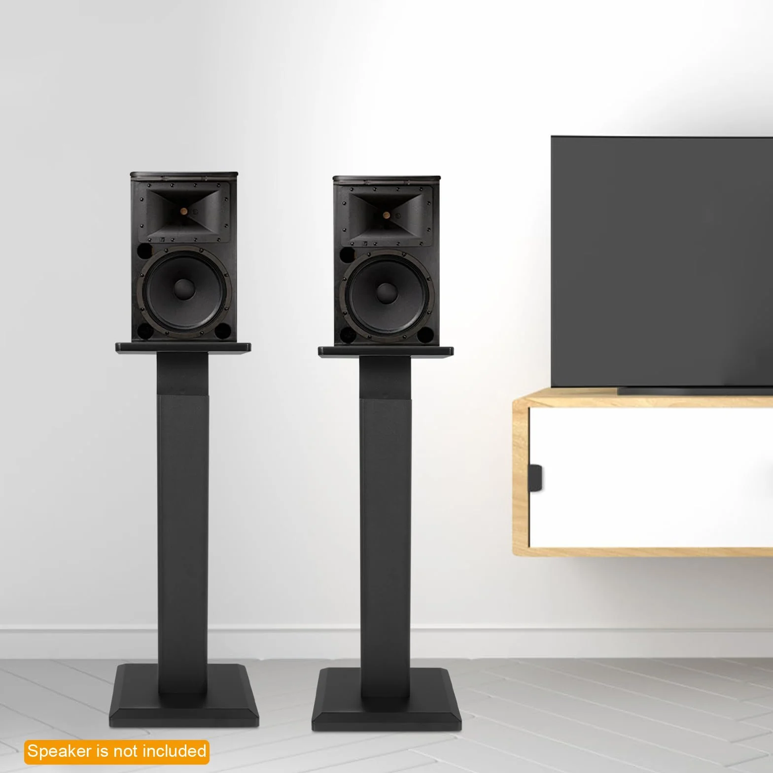 2 nóżki do głośników, regulowane, 65 – 85 cm, uchwyt na głośnik, płyta MDF, platerowanie premium, 30 kg, rozszerzona podstawa do kina domowego, barów, pomieszczeń prywatnych, hoteli, (czarne)