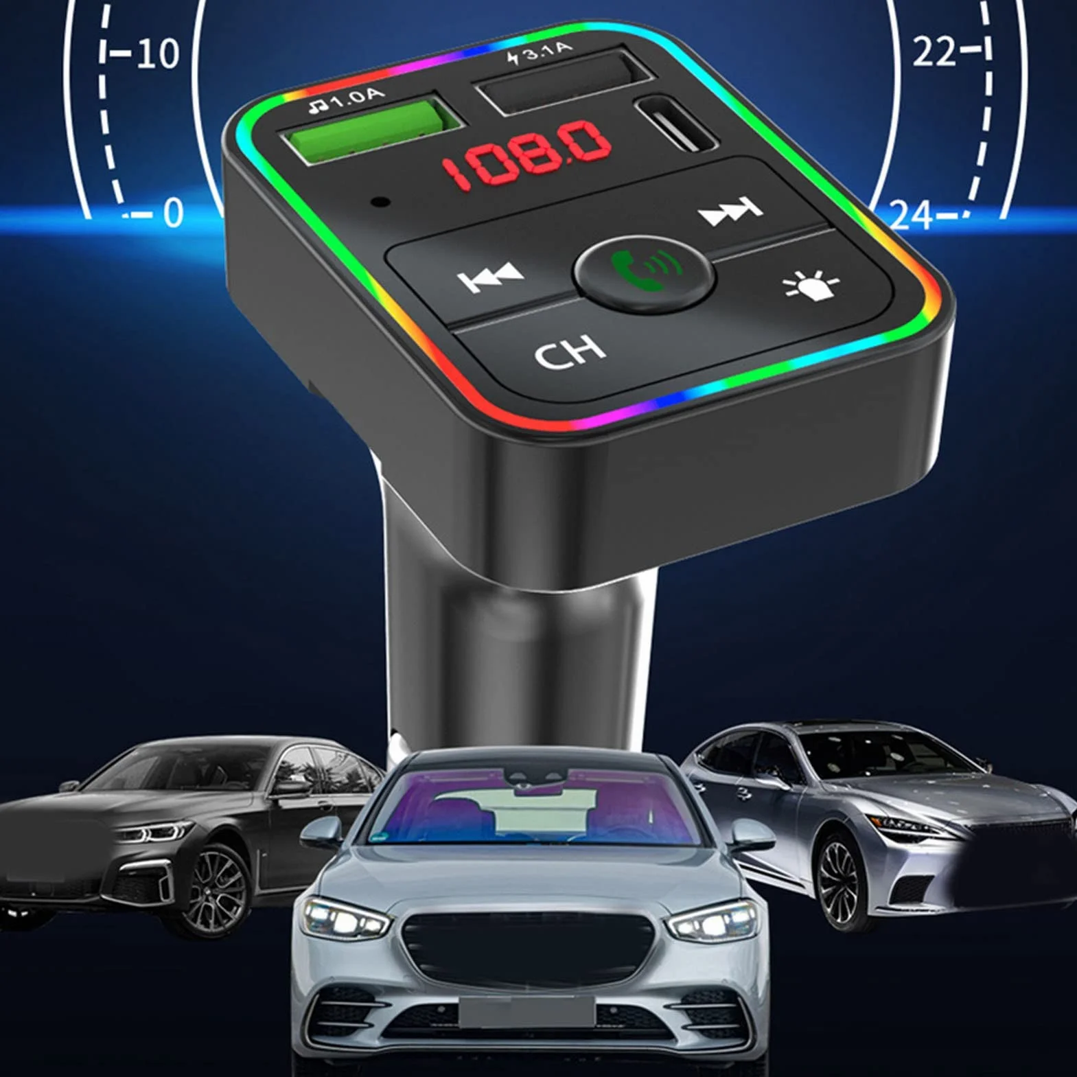 Nadajnik FM Bluetooth do Samochodu, Nadajnik FM do Samochodu Bluetooth 5.0 z ładowarką Samochodową, Zestaw Głośnomówiący, Adapter Radiowy Bluetooth, z Wyświetlaczem LED
