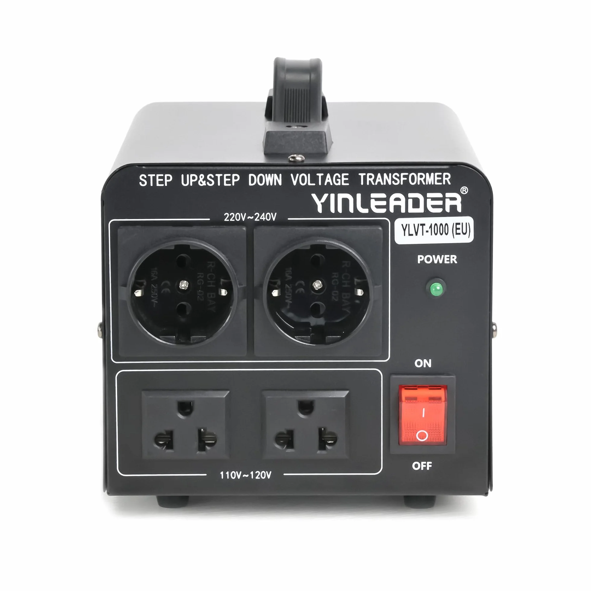 Yinleader Transformator konwertera napięcia 1000 W 110 V/220 V, certyfikat CE, gniazda 2 x 110 V/220 V, ochrona przed przeciążeniem, 1000 VA, 50/60 Hz, 4,1 kg