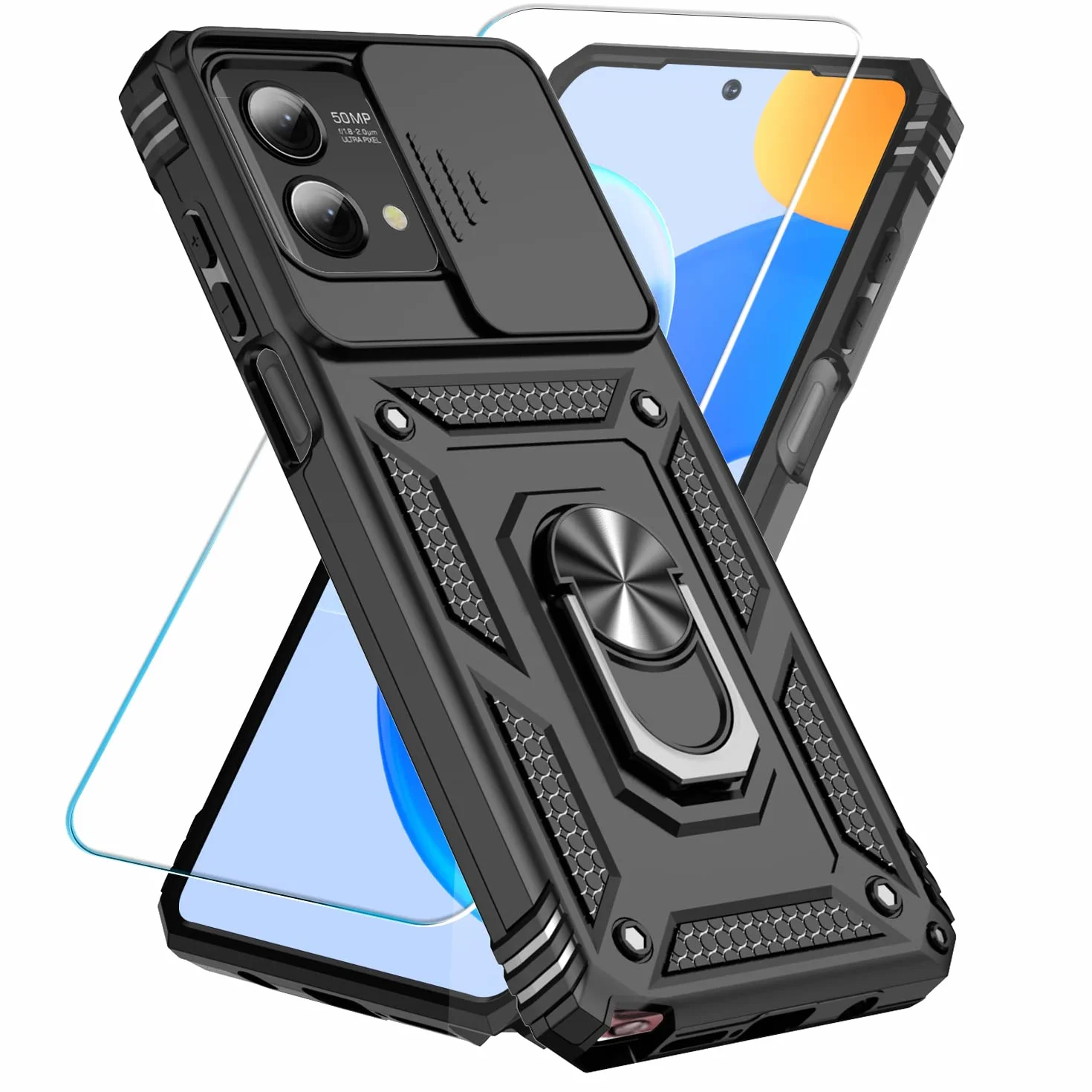 SunStory Etui do Motorola Moto G Stylus 5G 2023 z osłoną ekranu ze szkła hartowanego, osłoną aparatu przesuwnego i podpórką, [klasa wojskowa] etui na telefon do Moto G Stylus 5G 2023 (czarne)
