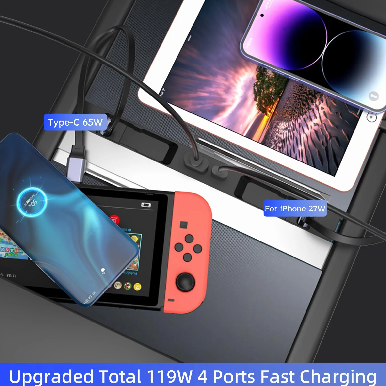 Hub USB do Tesla Model 3 Highland 2024 2025 Model Y Juniper 2025 z przesuwaną pokrywą, 119 W 4 w 1 Multi Ports, szybka ładowarka, wodoodporna stacja dokująca z wysuwanymi kablami, pasuje do