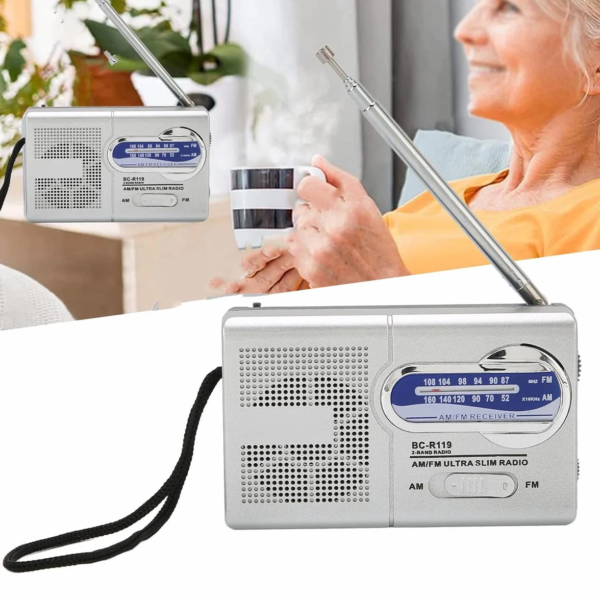 Namvo Am Fm radio zasilane bateriami wielofunkcyjne srebrno-szare przenośne mini radio nadaje się do podróży, wędrówek i jazdy na rowerze (Bez baterii)