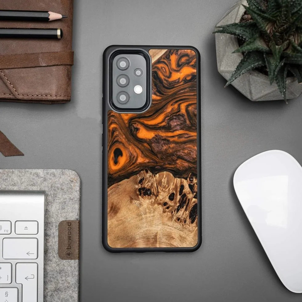 Unikalne etui kompatybilne z Samsung Galaxy A73 5G, ręcznie wykonane etui ochronne z naturalnego drewna i żywicy, pomarańczowe wzornictwo, odporne na uderzenia, kompatybilne z MagSafe