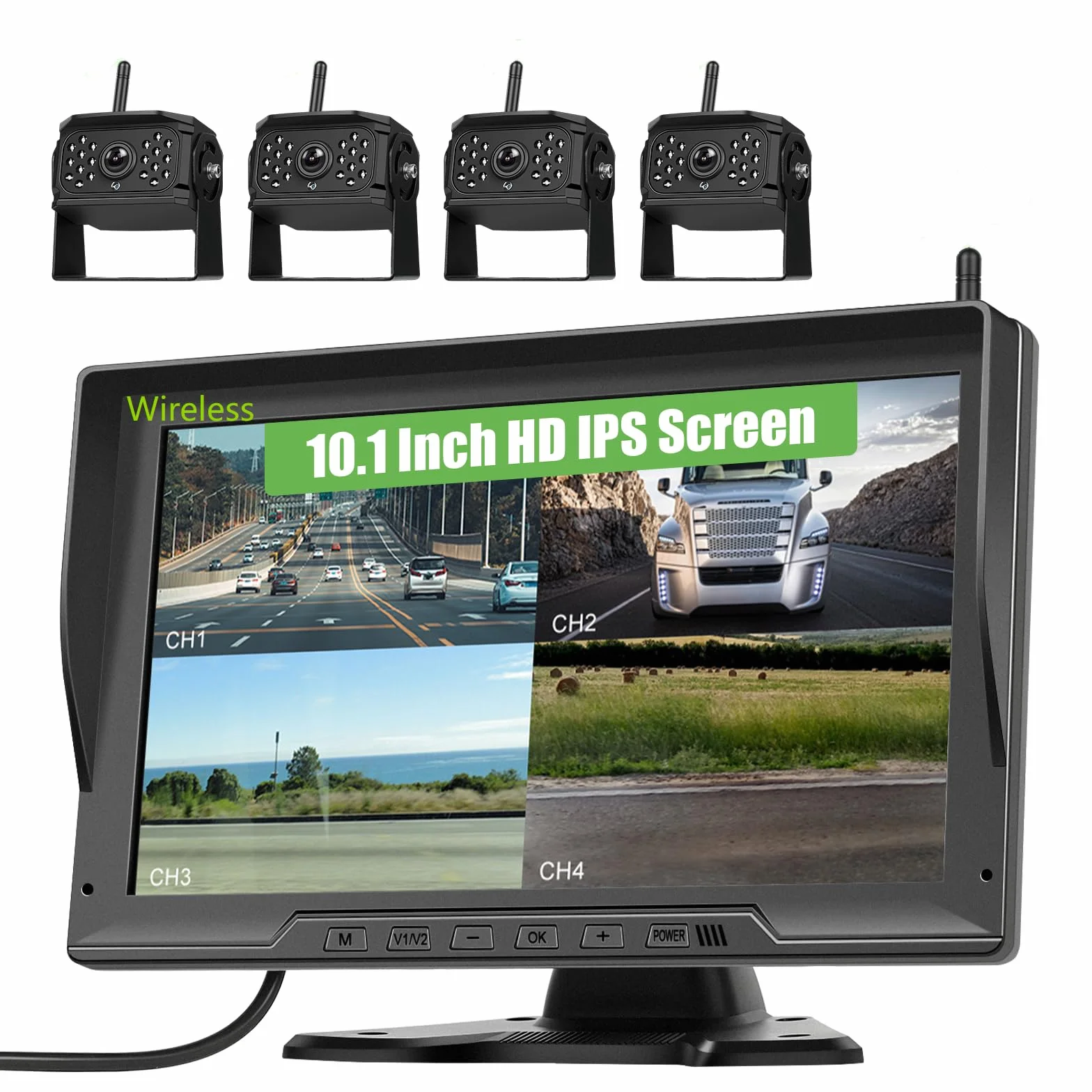 Cyfrowa bezprzewodowa kamera cofania, 4 kamery, monitor cofania 10,1 cala, IPS HD z dzielonym ekranem z funkcją nagrywania, noktowizor DVR i IP68, wodoszczelna przyczepa, ciężarówka, samochód