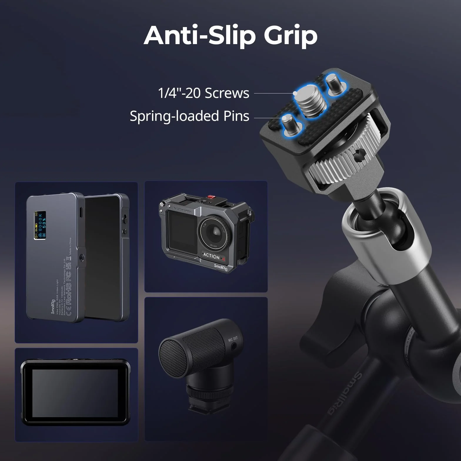 SMALLRIG 7'' Magic Arm ze śrubami 1/4"-20 i sprężynowymi kołkami, nośność 1,5 kg, podwójna głowica kulowa 360°, konstrukcja antypoślizgowa do kamer/oświetlenia/monitorów/mikrofonów/telefonów – 5308
