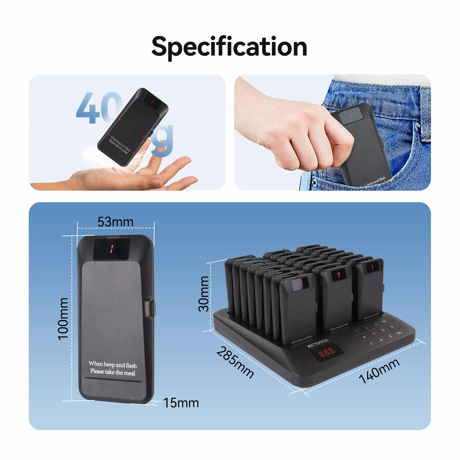 Retekess TD157P Bezprzewodowy System Przywoławczyi, 24 Pagerów, 800M, 39 Wzorców Połączeń, Bateria 300 mAh 24H, System Przywoływania Gości Nadaje Się do Food Courtów, Centrów Handlowych, Placów Zabaw