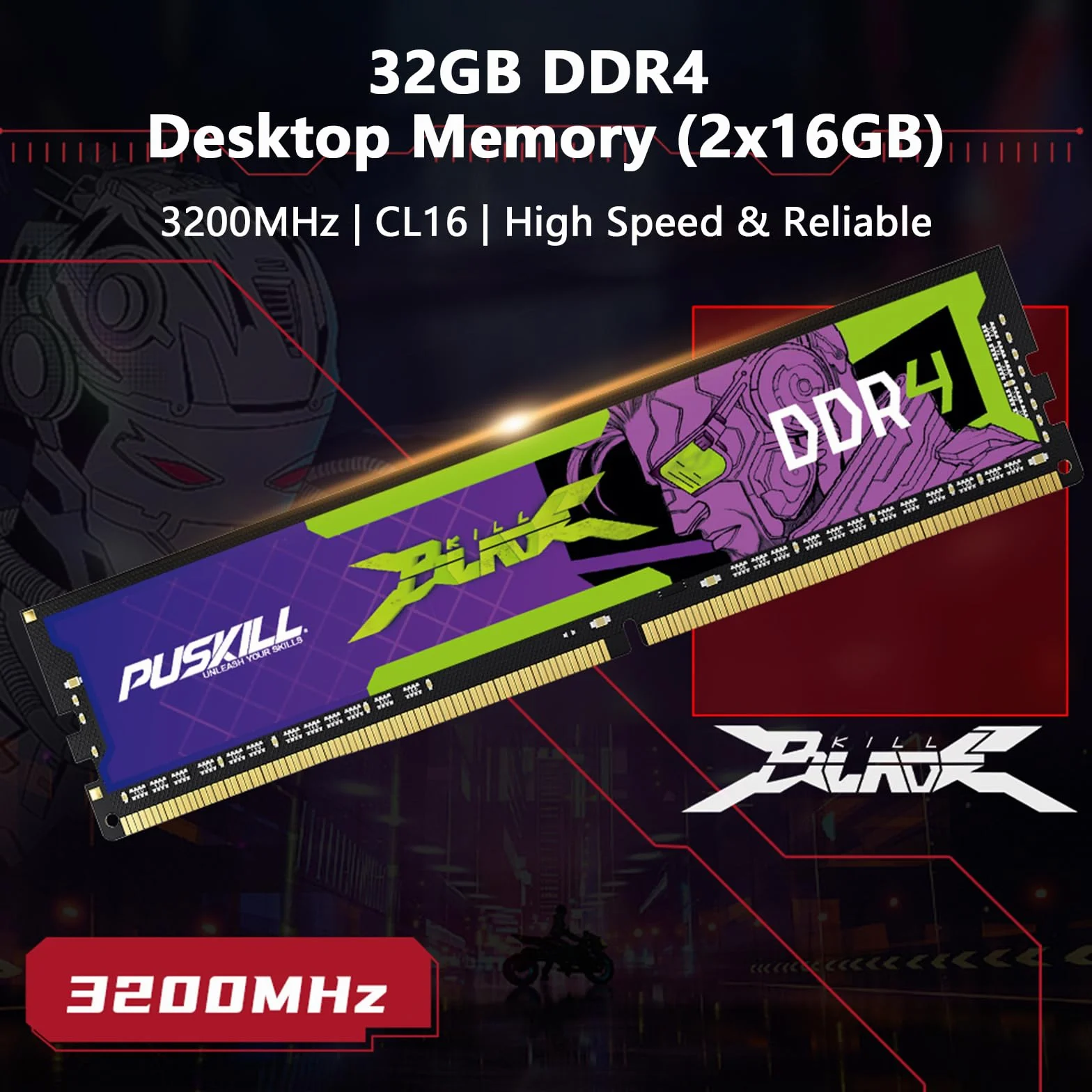 PUSKILL DDR4 32 GB (2 x 16 GB) 3200 MHz PC RAM, CL16-18-18-42, 1,35 V, zestaw pamięci stacjonarnej do gier i obliczeń o wysokiej wydajności, kompatybilny z Intel i AMD