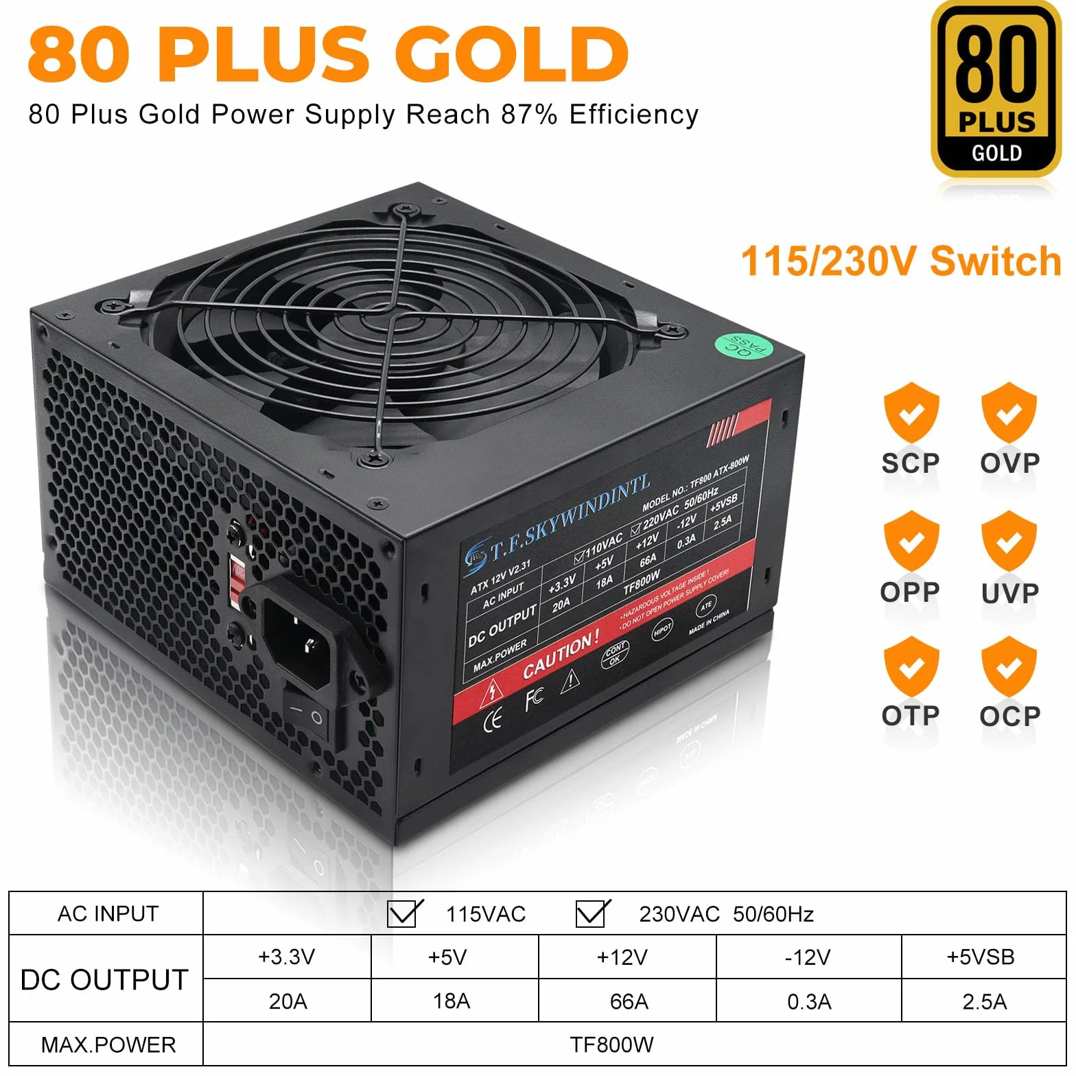 Zasilacz sieciowy 800 W 80 Plus Gold PSU Standard ATX, zintegrowany niemodułowy zasilacz komputerowy, 120 mm, ultra-cichy wentylator FDB z przełącznikiem, 115/230 V
