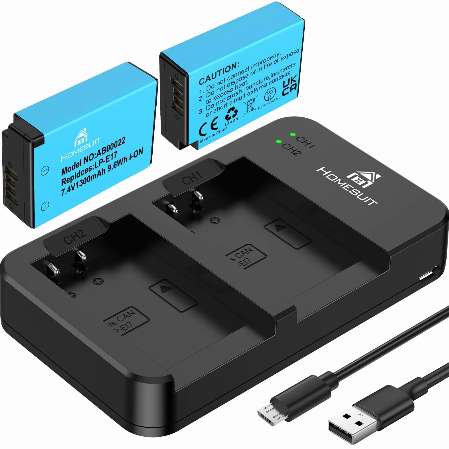 Homesuit Zestaw 2 baterii LP-E17 1300 mAh i typ C LED Dual ładowarka zestaw do Canon EOS RP, R8, R10, R50, R100, M3, M5, M6, 200D, 77D, 750D, 760D, 800D, 8000D, Rebel SL3, SL2, T8i, T7i, T660D, 800D