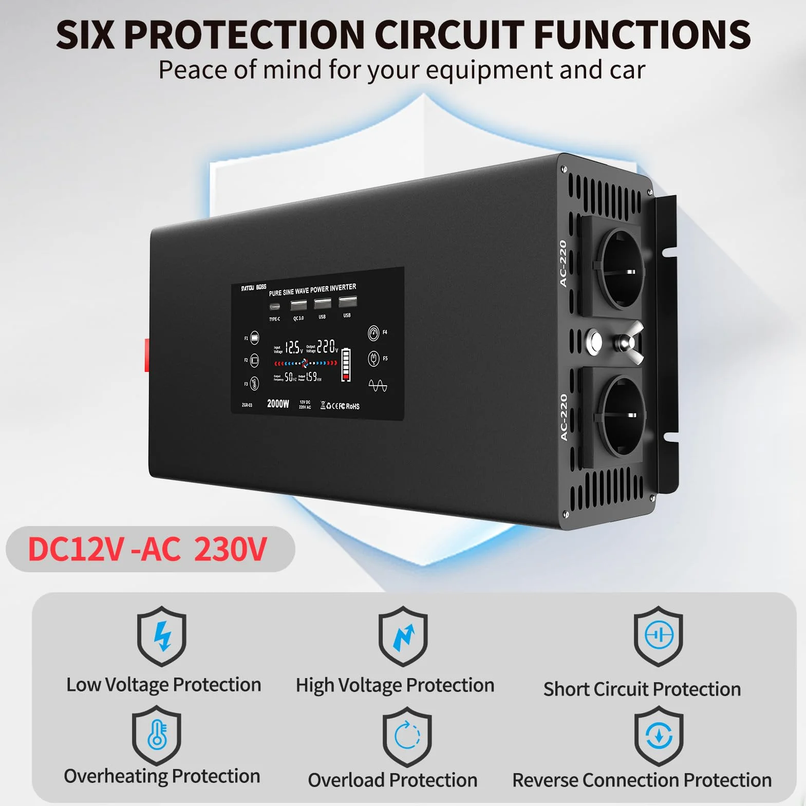 DATOUBOSS Przetwornica 12V 230V Czysty Sinus 2000W/4000W Falowniki z Wyświetlaczem LCD i Gniazdami AC Oraz 2×USB5V2.1A, QC3.0, Type-C