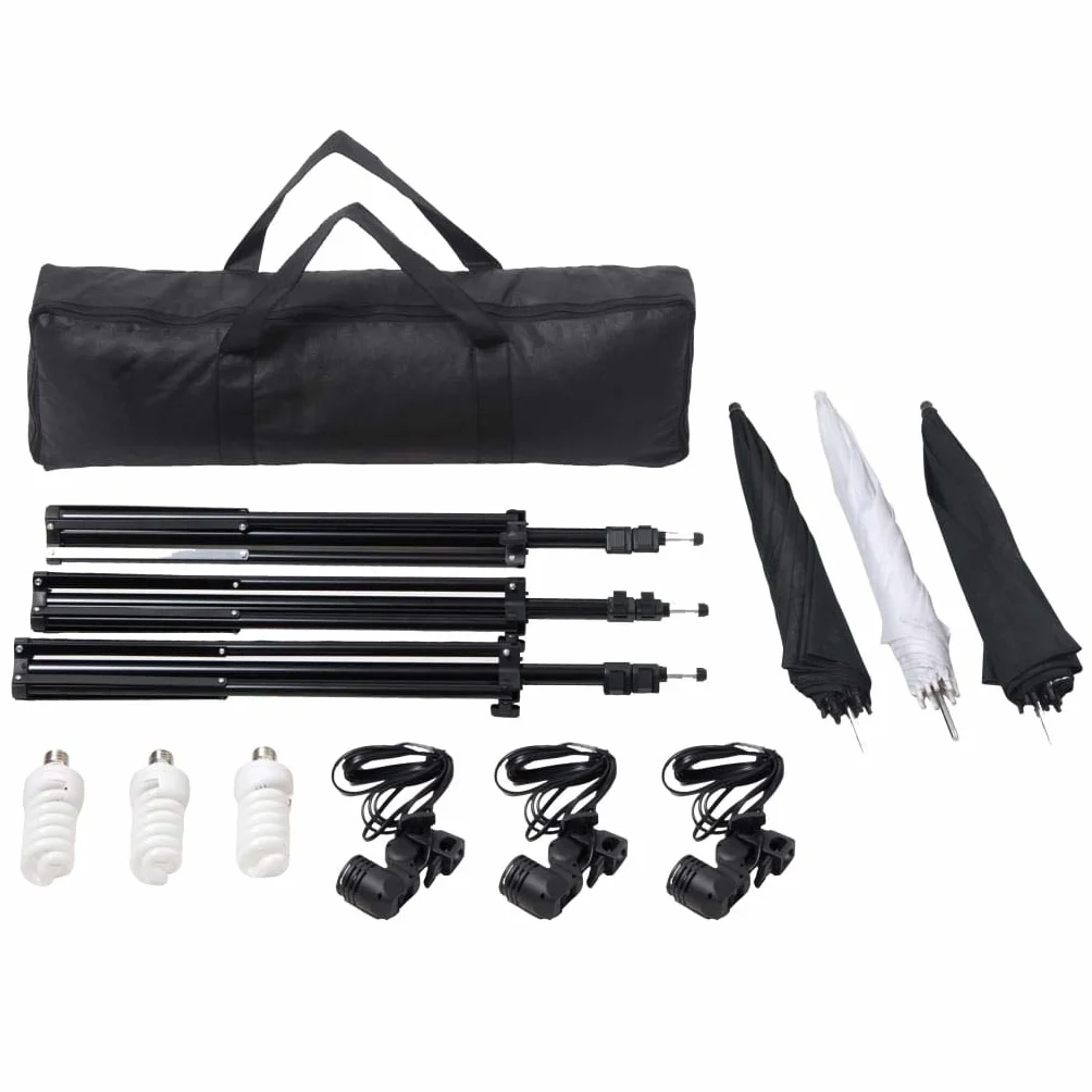 Zestaw do studia fotograficznego z lampami studyjnymi, system tła z bawełny, aluminiowy statyw do 230 cm, 3 lampy dzienne 5500 K, 3 abażury, torby do noszenia do studia, wideo, fotografii, portretów