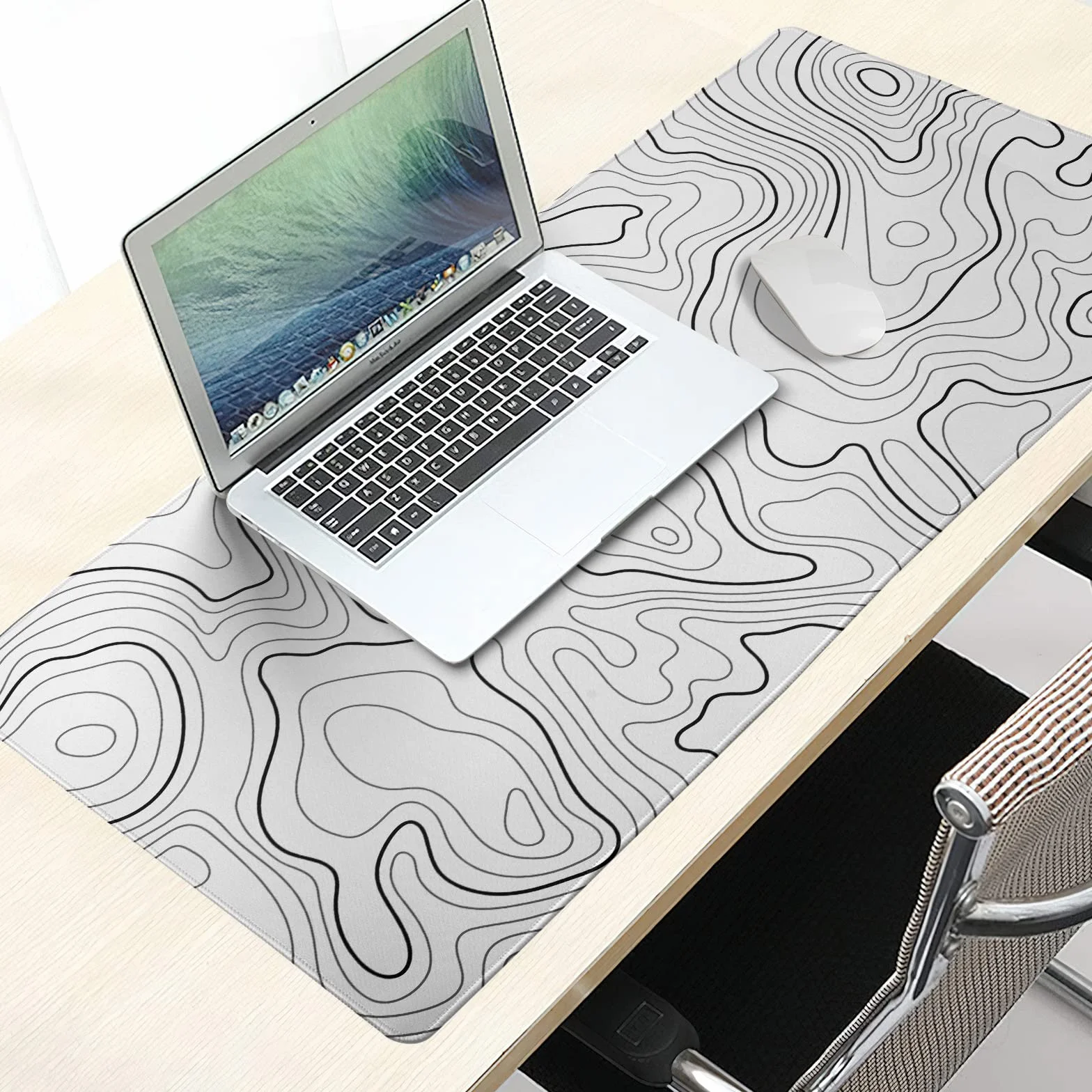 Biała topograficzna podkładka pod mysz do gier 80 x 40 cm XXL geograficzne linie mapy pełna podkładka pod mysz rozszerzona duża antypoślizgowa gumowa podkładka pod klawiaturę z przeszytymi krawędziami